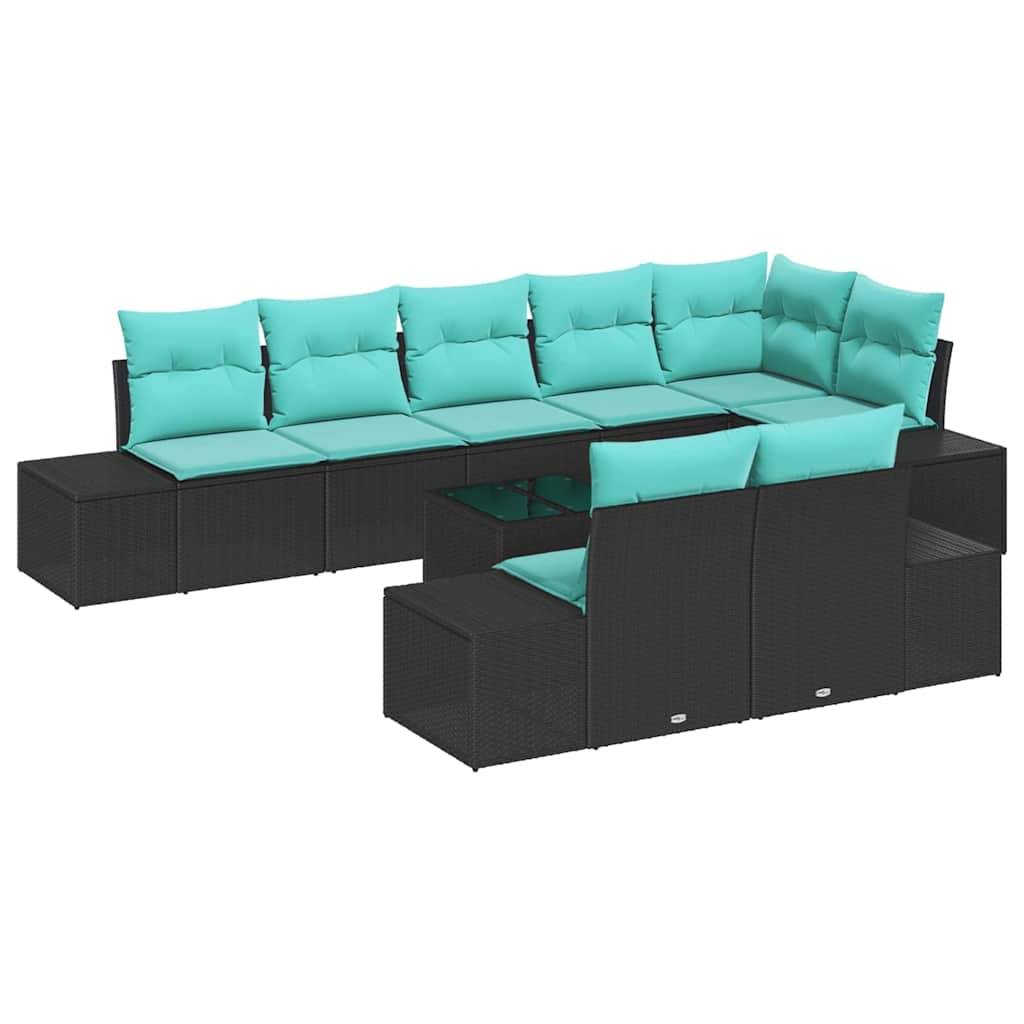 Schwarzes Korbgeflecht-Außensofa mit türkisfarbenen Kissen, in L-förmiger Anordnung mit passendem Hocker und Glastisch gezeigt.