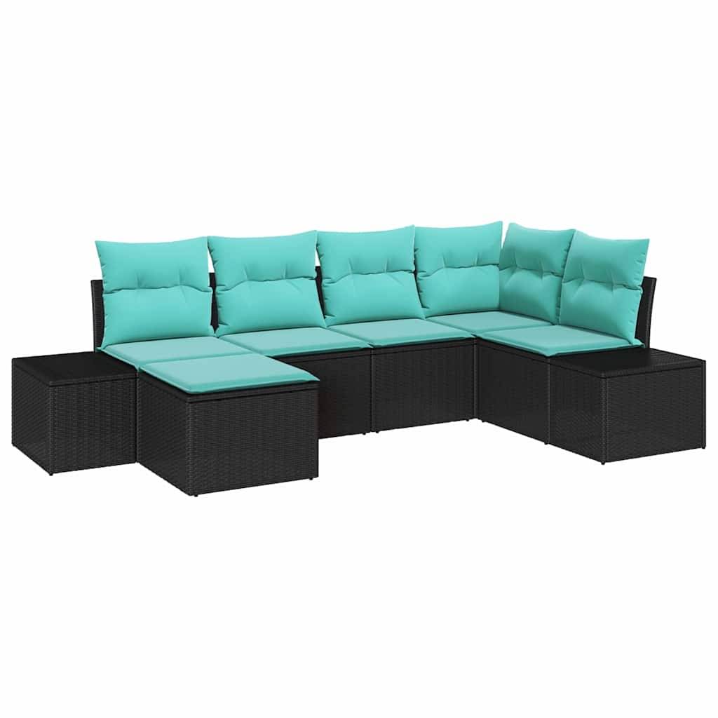 U-förmiges Outdoor-Ecksofa mit schwarzer Korbgeflecht-Basis und türkisfarbenen Kissen auf weißem Hintergrund.