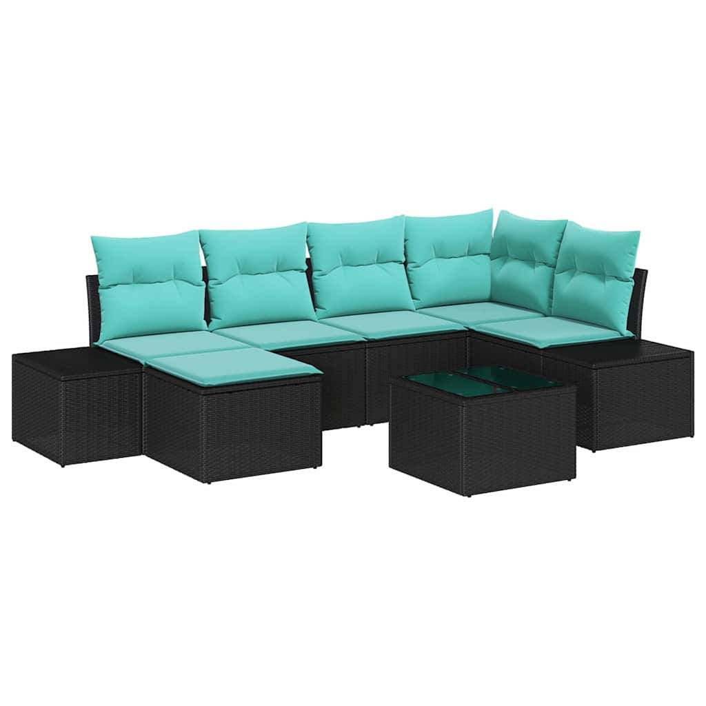 Schwarzes modulares Rattanecksofa für die Terrasse mit türkisen Kissen und passenden Ottomanen auf weißem Hintergrund.