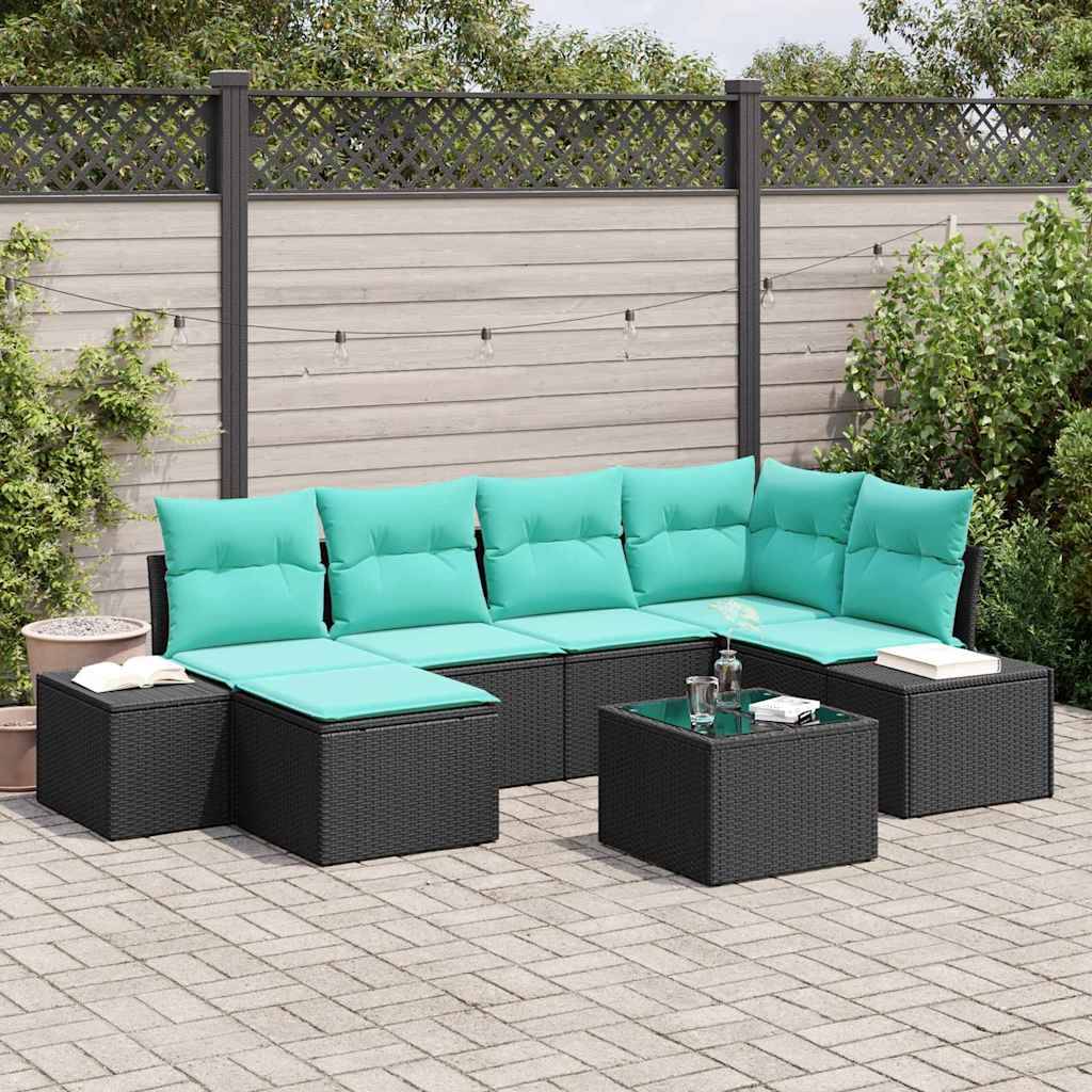 Outdoor-Patio-Ecksofa mit türkisfarbenen Kissen und schwarzen Rattanrahmen, die um einen passenden Couchtisch auf einer gepflasterten Terrasse angeordnet sind.