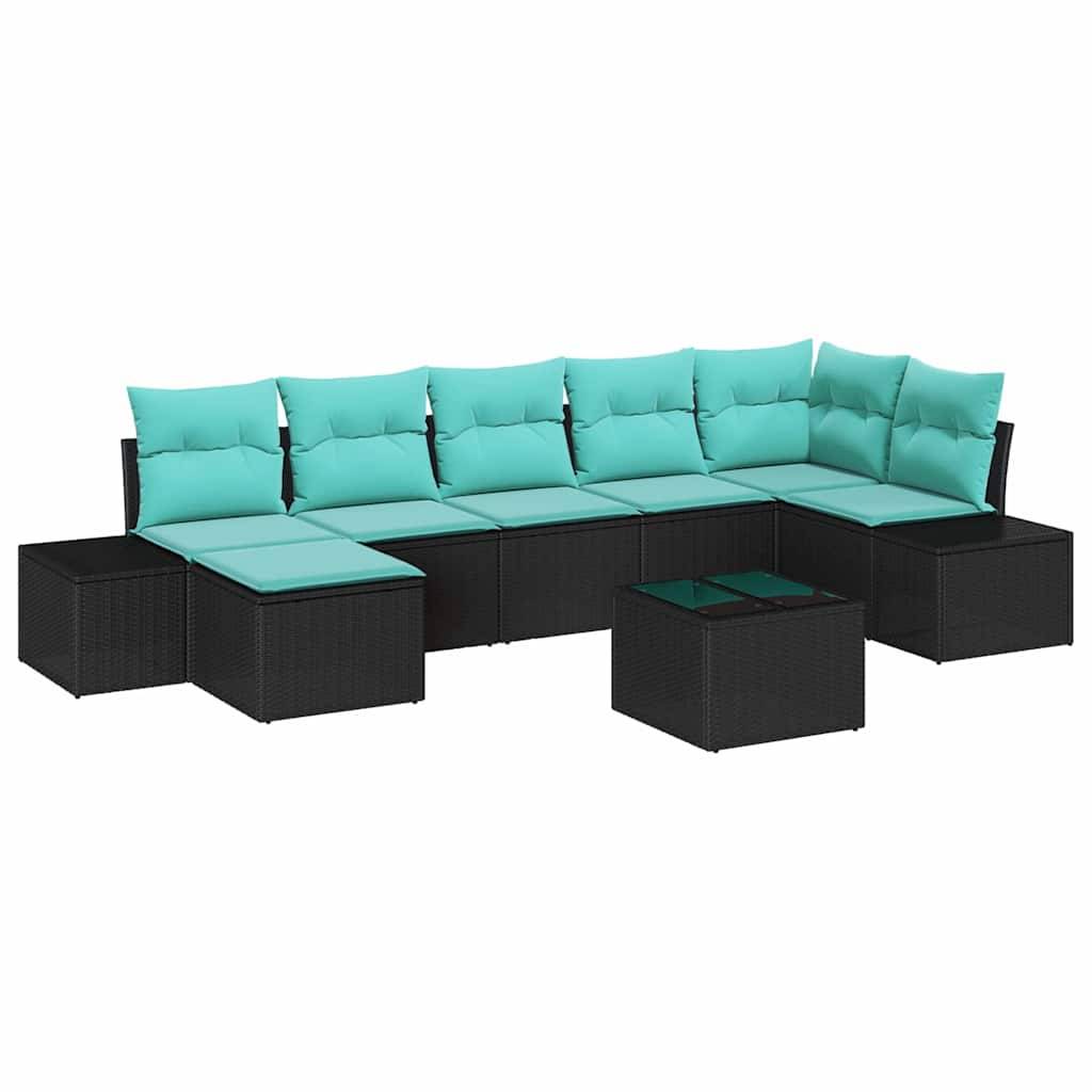 Schwarzes modulares Outdoor-Schnittsofa mit türkisfarbenen Kissen und einem passenden quadratischen Couchtisch auf weißem Hintergrund.