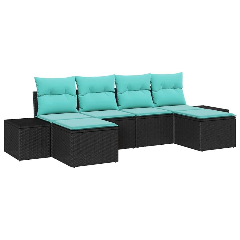 Schwarzes Polyrattan-Modulsofa für den Außenbereich mit türkisfarbenen Kissen und Polstern auf weißem Hintergrund.