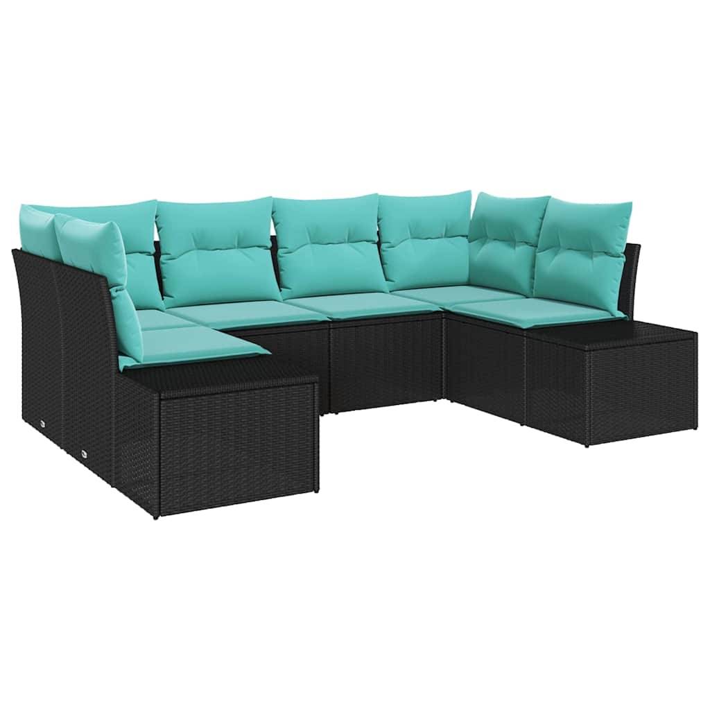 Schwarzes Rattansofa im Freien mit türkisfarbenen Kissen, in L-Form angeordnet mit passendem Hocker oder Chaise-Verlängerung.