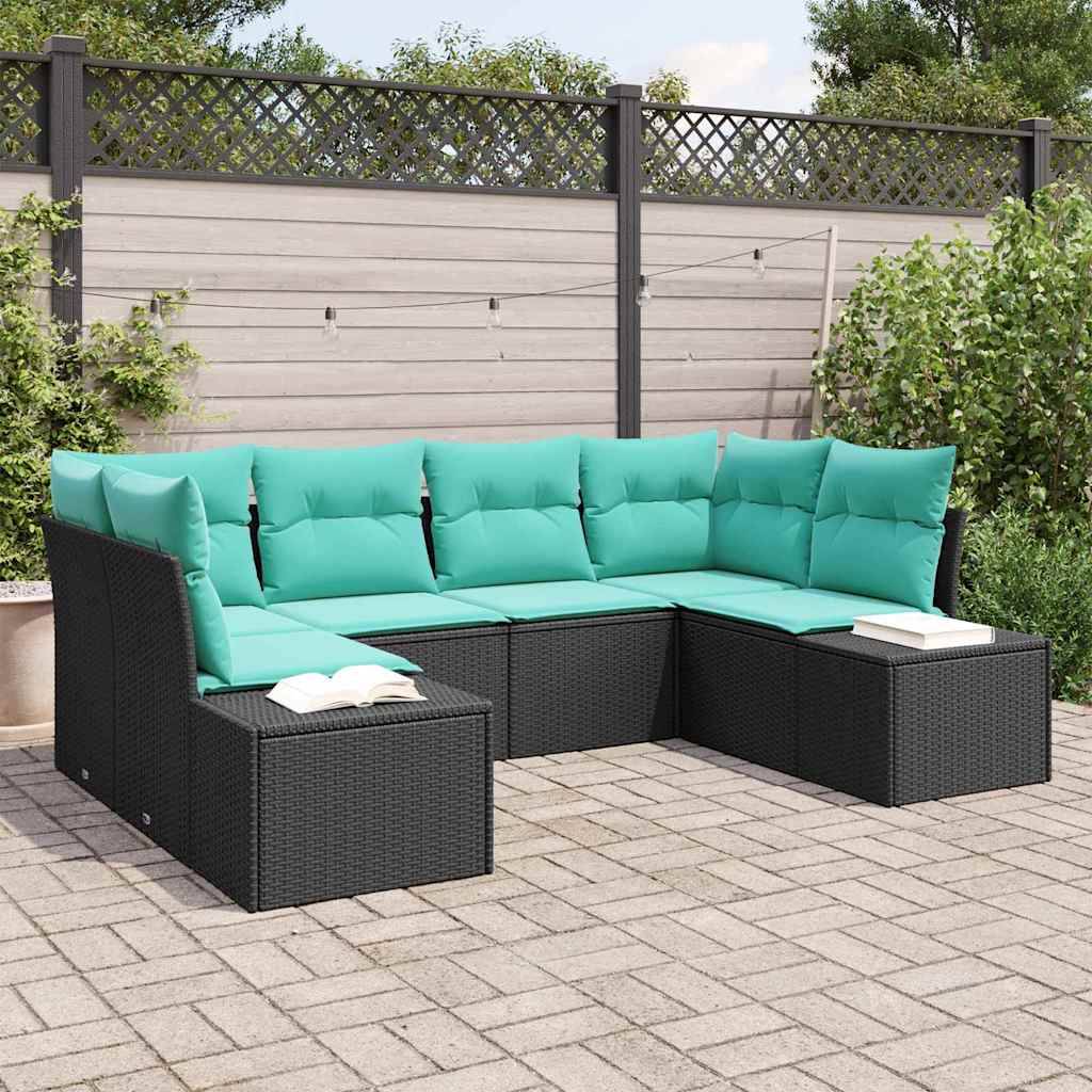 Outdoor-Patio-Ecksofa mit schwarzen Rattanrahmen und türkisen Kissen, die um einen Eckbereich auf einer Steinterrasse angeordnet sind.