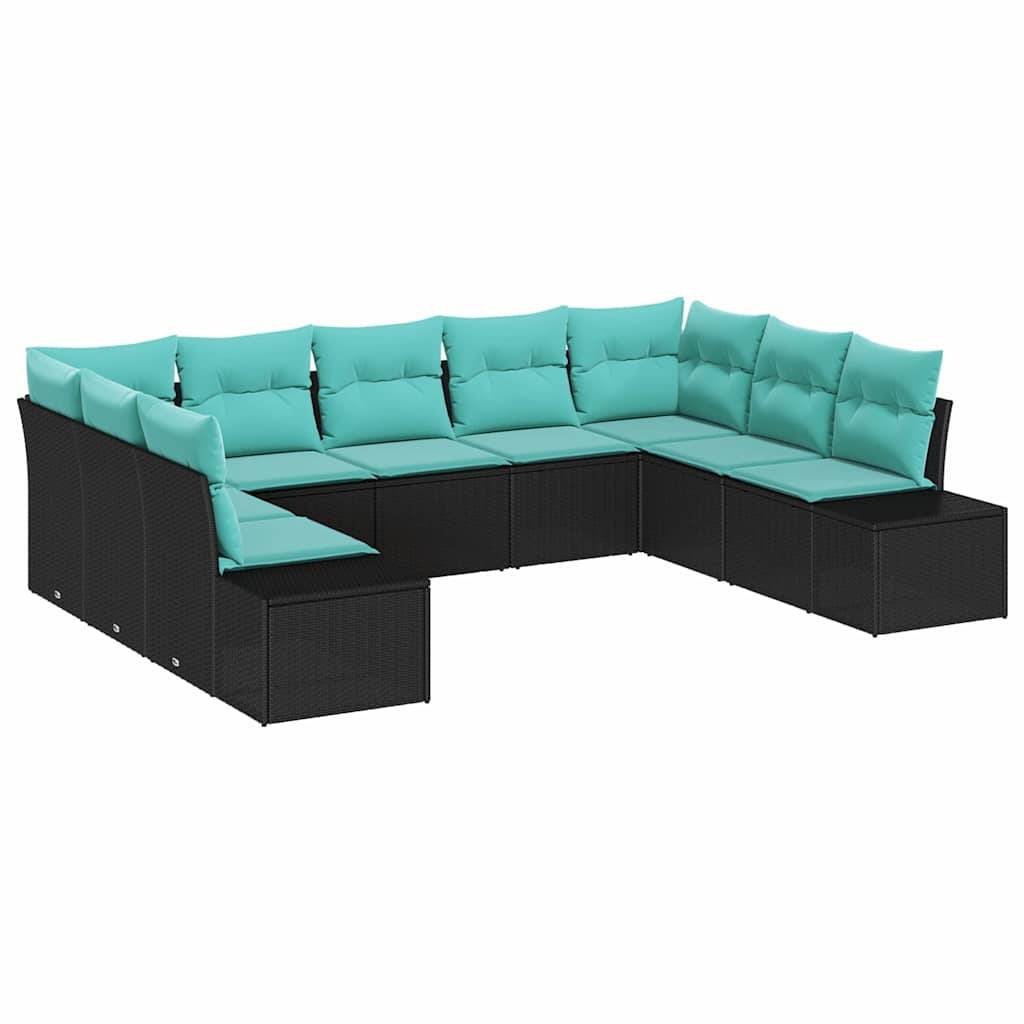 U-förmiges Außensektional-Sofa mit schwarzer Flechtbasis und türkisfarbenen Kissen, abgebildet auf weißem Hintergrund.