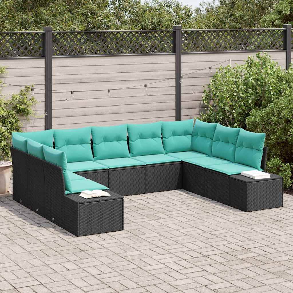 Outdoor L-förmiges Ecksofa mit türkisfarbenen Kissen und schwarzem Rattanrahmen auf einer Terrasse angeordnet, mit zwei aufgeschlagenen Büchern auf den Sitzkanten.