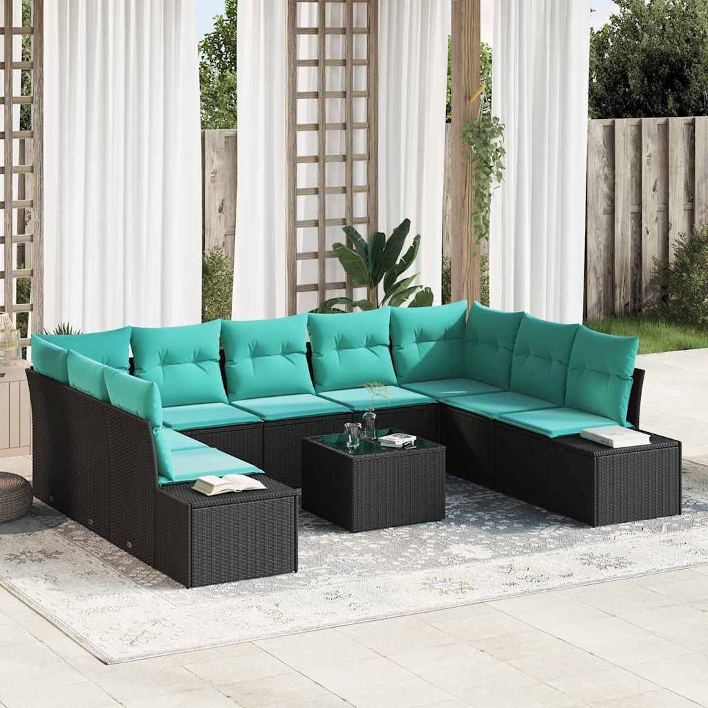 Outdoor L-förmiges Sectional-Sofaset mit türkisfarbenen Kissen und schwarzem Rattangestell um einen kleinen Couchtisch auf einer Terrasse.