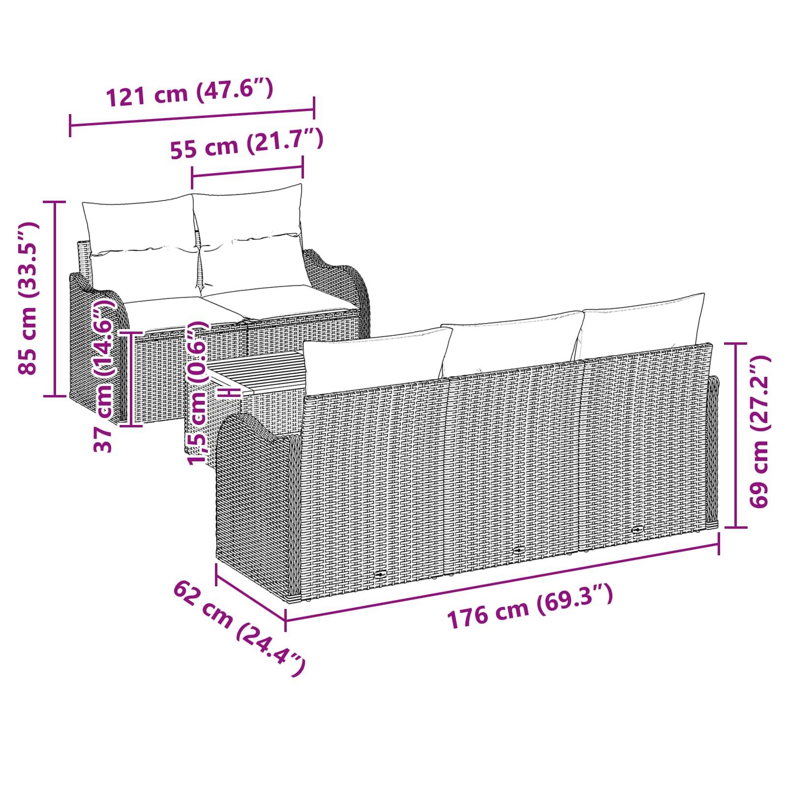 Diagramm eines Korbgeflecht-Außensofas mit beschrifteten Abmessungen: 176 cm breit, 69 cm hoch, 62 cm tief; kleinere Seitenansicht zeigt 121 cm breit und 85 cm hoch.