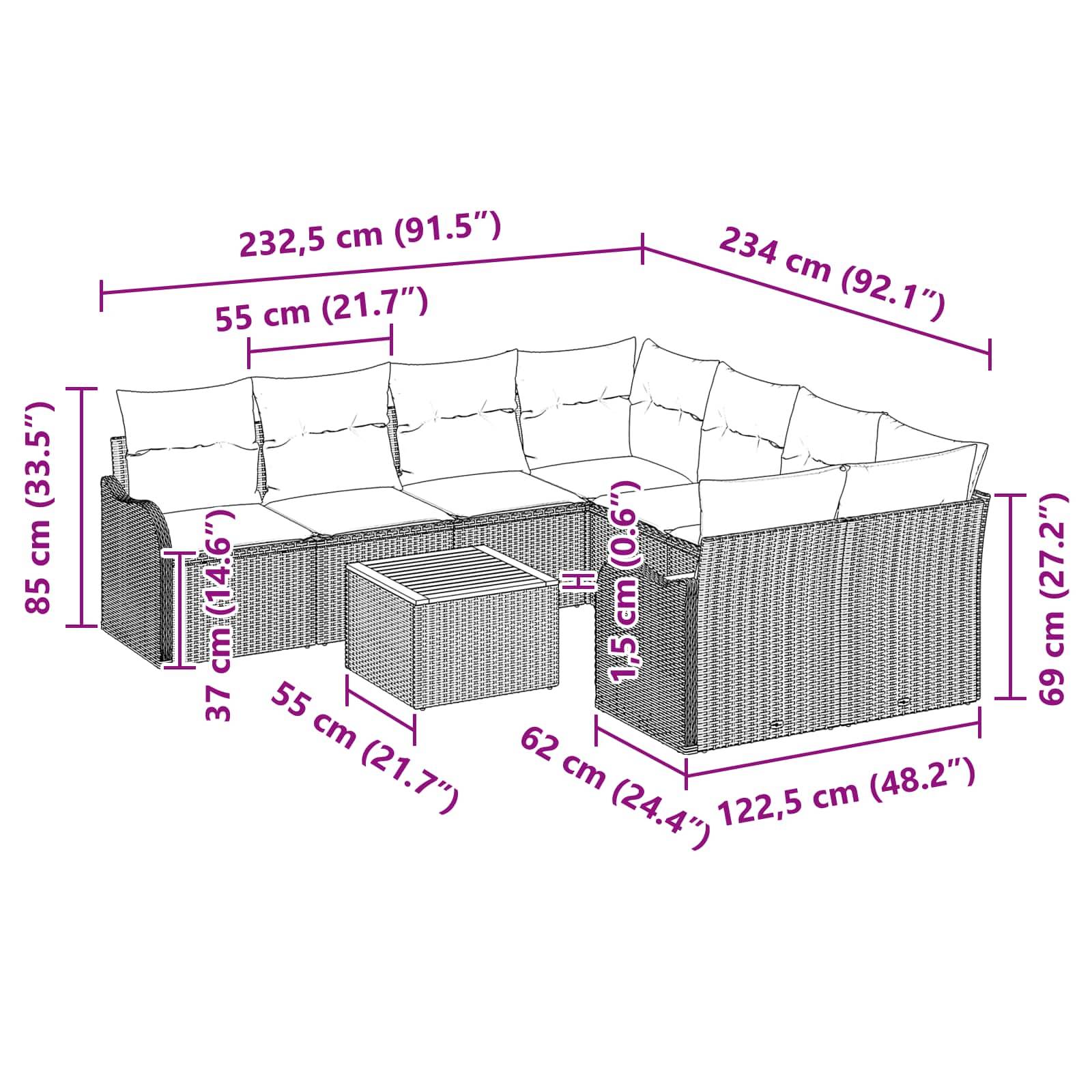 Dimensioniertes Diagramm einer Rattan-Outdoor-Ecksofa mit Eckbestuhlung, passendem Sitzkissen und Maßen in cm und Zoll.