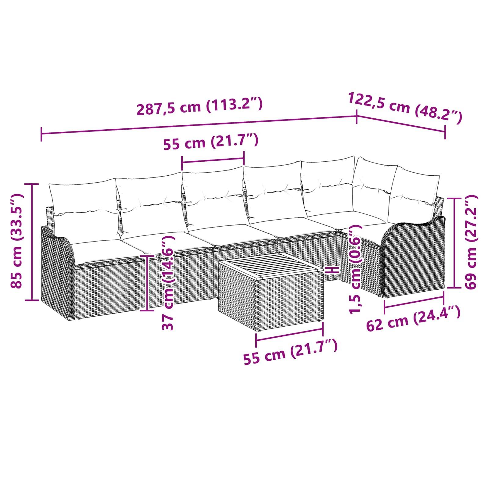 Diagramm eines Korbgeflecht-Ecksofa mit Kissen und passendem Hocker, mit Abmessungen: 287,5 cm breit, 122,5 cm tief, 85 cm hoch, mit 55 cm breiten Sitzelementen und 37 cm Tischhöhe.