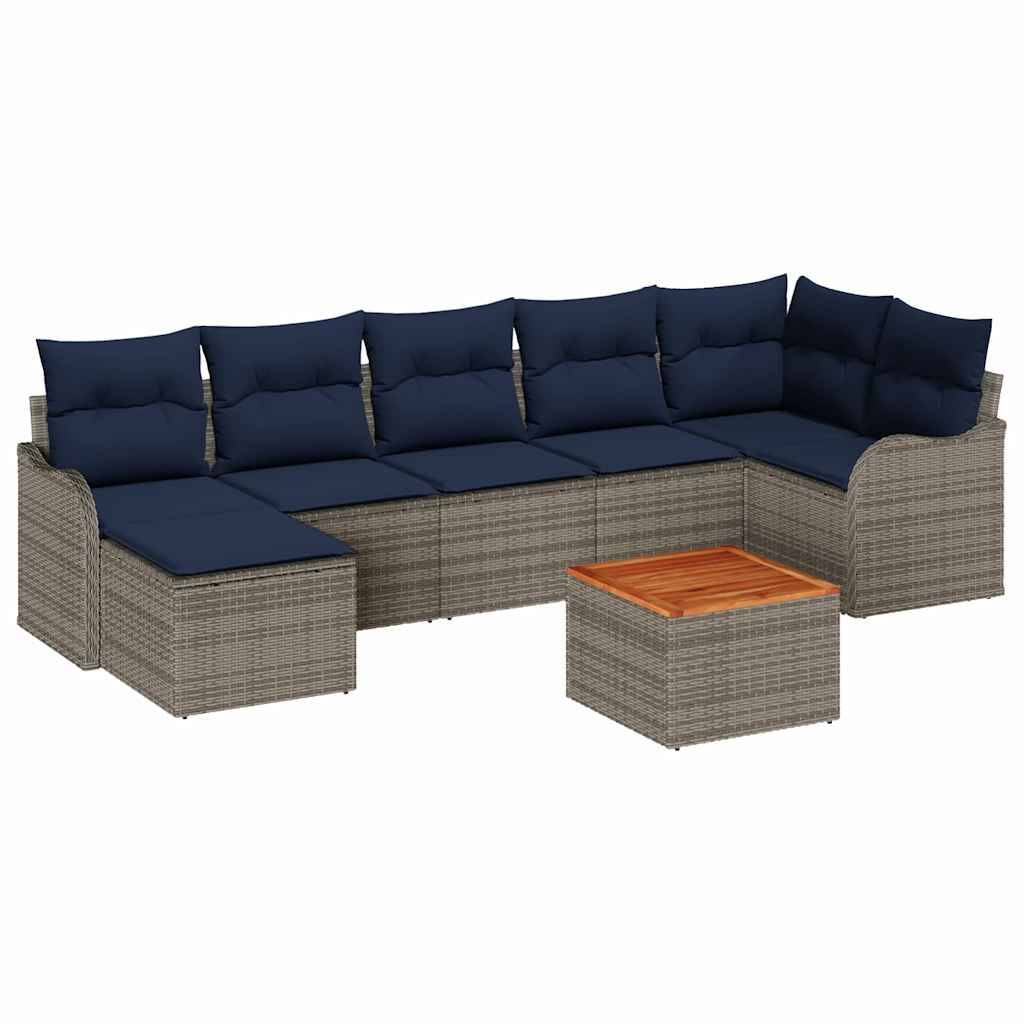 L-förmiges Outdoor-Ecksofa mit marineblauen Kissen, gewebtem grauem Gestell und passendem quadratischen Pouf oder Tisch mit Holzplatte.