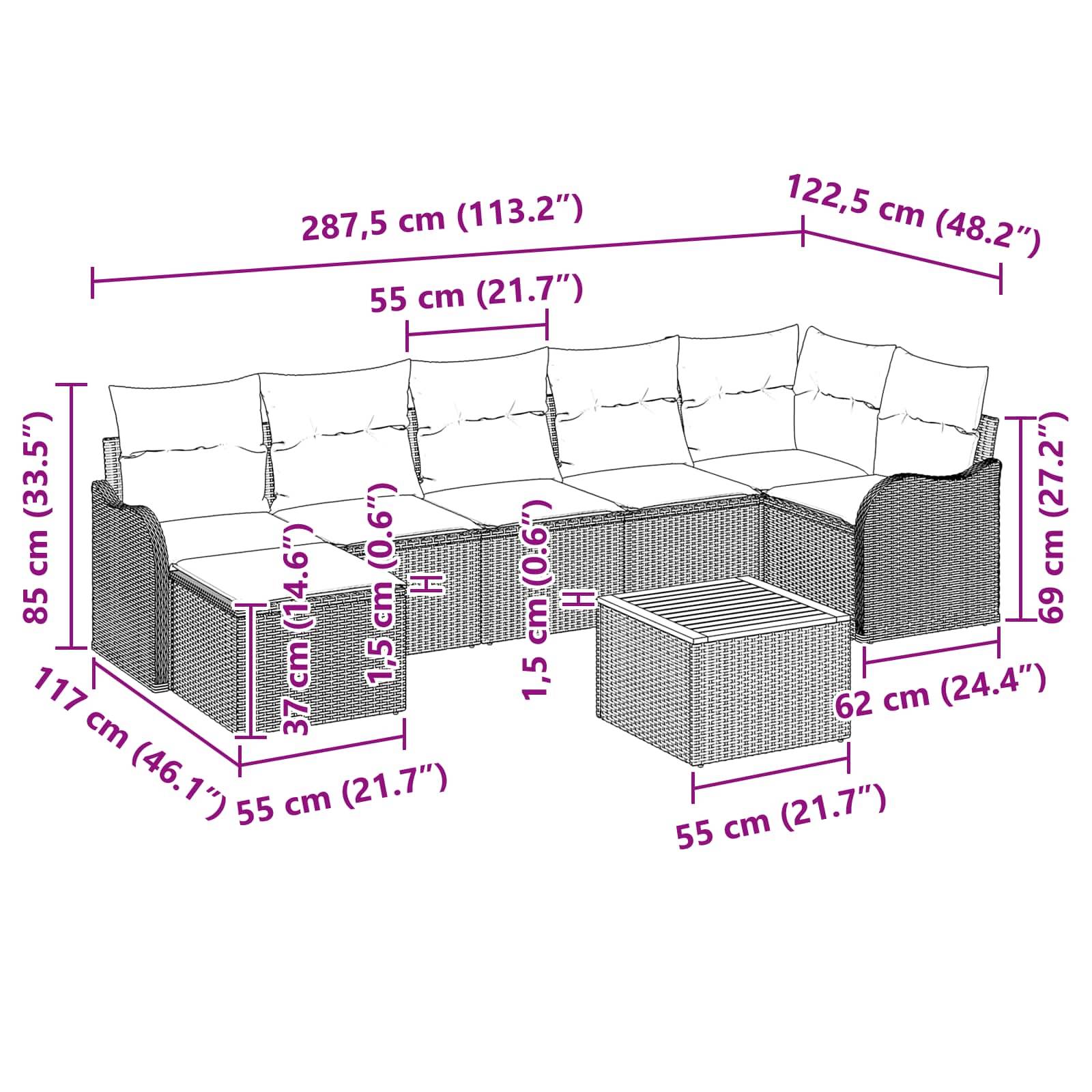 Maßstabszeichnung eines L-förmigen Korbsofas mit Kissen und passendem Couchtisch, mit Gesamtabmessungen von 287,5 x 122,5 cm und Höhenmessungen.