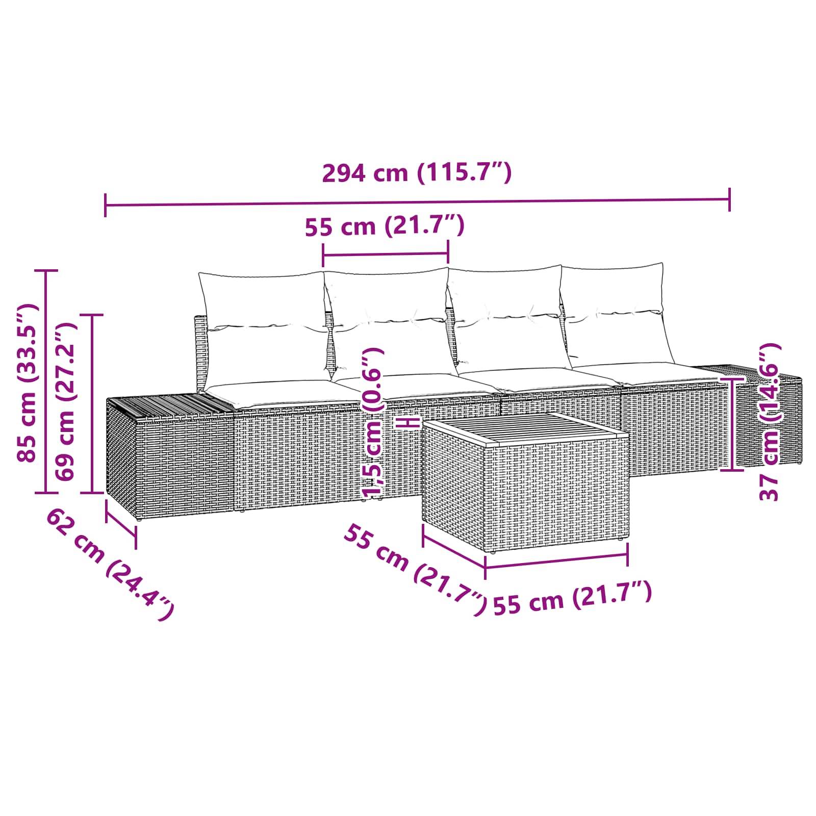 Dimensioniertes Rattan-Gartensofaset mit dreiteiligem Sofa, linkem Armtisch und passendem quadratischen Couchtisch; Gesamtbreite 294 cm.