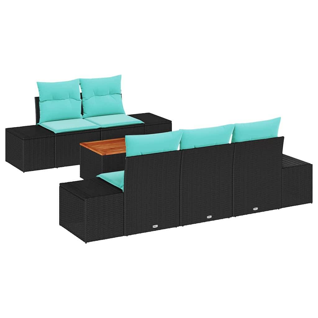 Schwarzes gewebtes Outdoor-Ecksofa-Set mit türkisfarbenen Kissen und einem kleinen Tisch mit Holzplatte, gezeigt in zwei Sitzkonfigurationen.