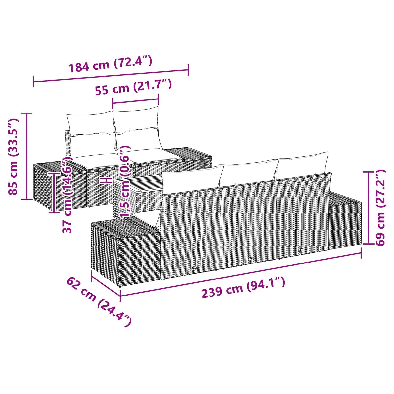 Dimensioniertes Diagramm eines Rattan-Außensofasets mit Zweisitzer-Sofa, Sesseln und Couchtisch mit Gesamtgrößen in cm und Zoll.