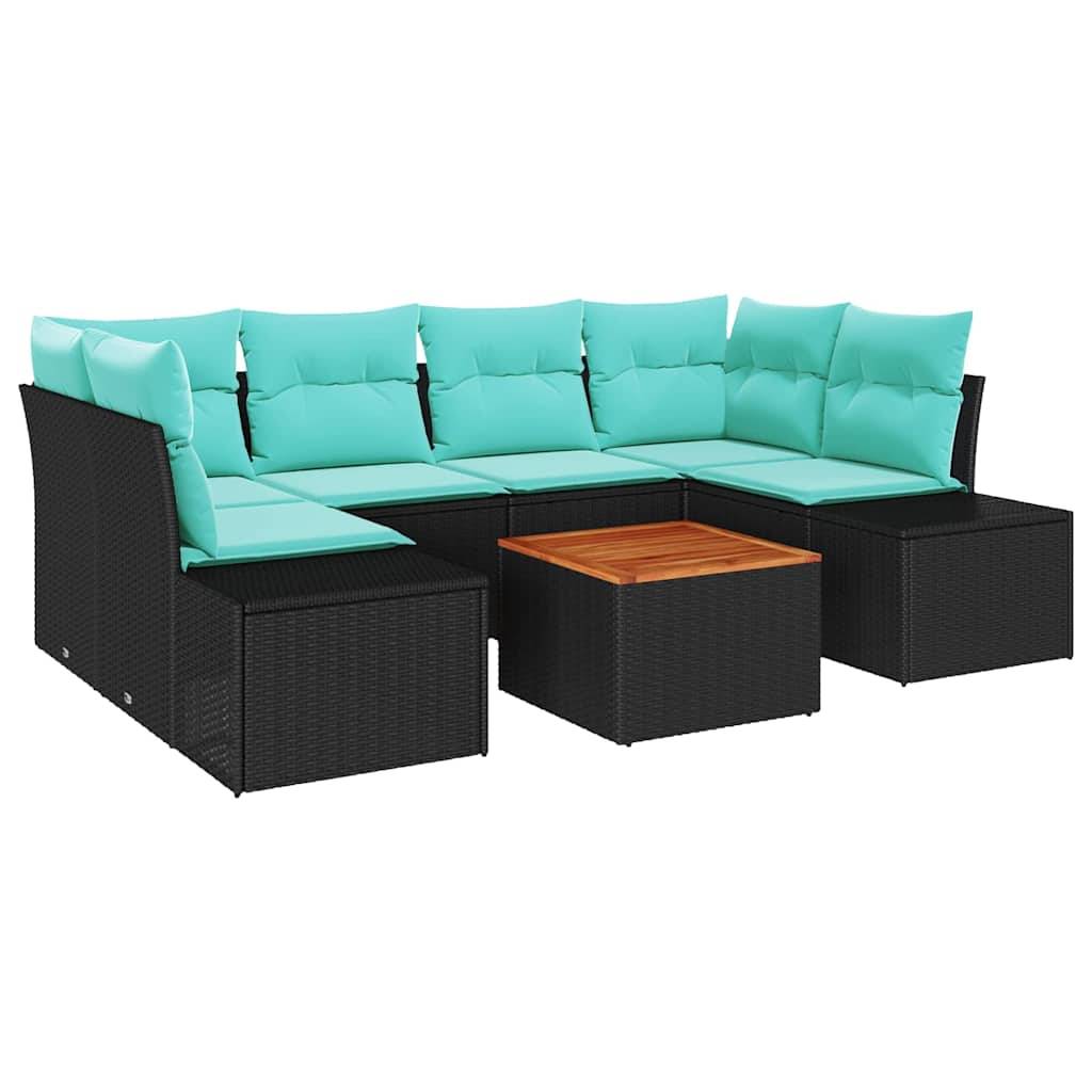 Schwarz geflochtenes L-förmiges Outdoor-Ecksofa mit aquafarbenen Kissen und kleinem Couchtisch mit Holzplatte.