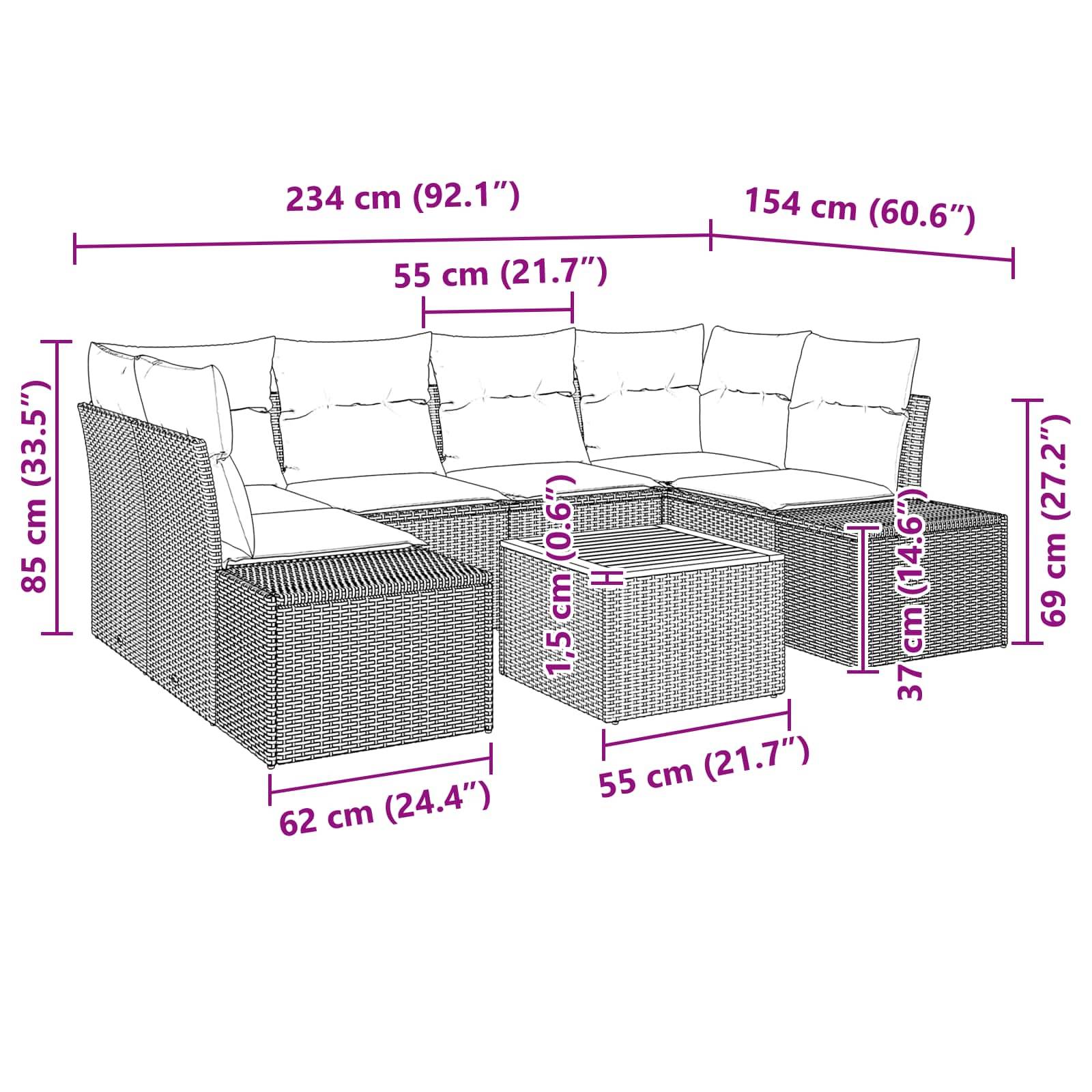 Diagramm eines modularen Outdoor-Ecksofa-Sets mit Ottomane und Couchtisch, beschriftet mit Gesamt- und Komponentenabmessungen in cm und Zoll.