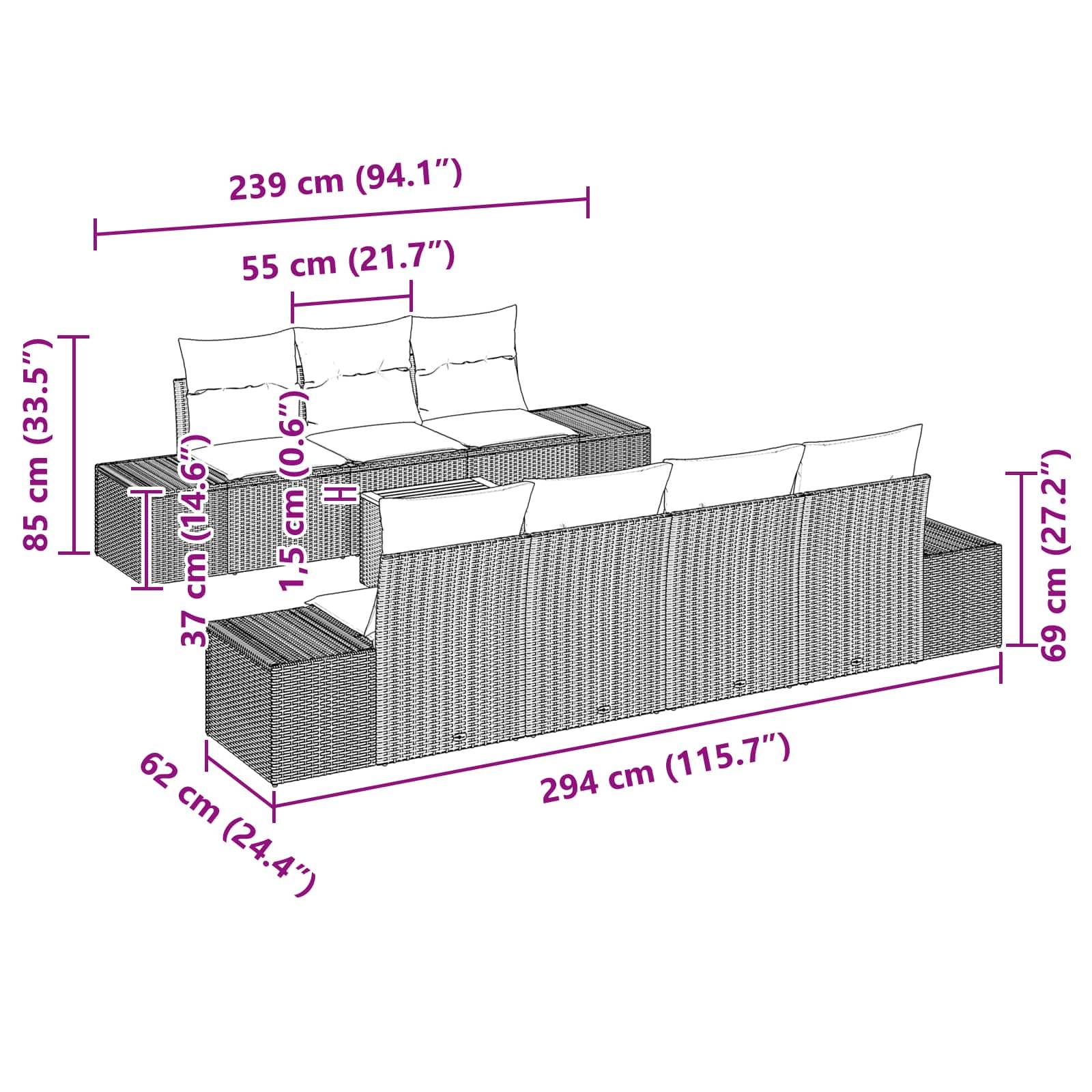Dimensioniertes Diagramm eines modularen Outdoor-Sofasystems mit einer 2-Sitzer-Sektion, Sessel und Armlehnen-/Tischeinheiten mit Maßangaben in cm und Zoll.