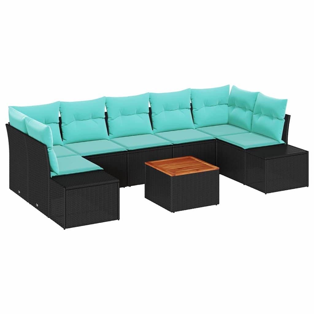 Schwarzes Korbgeflecht-Außensofa mit türkisfarbenen Kissen und einem kleinen quadratischen Couchtisch