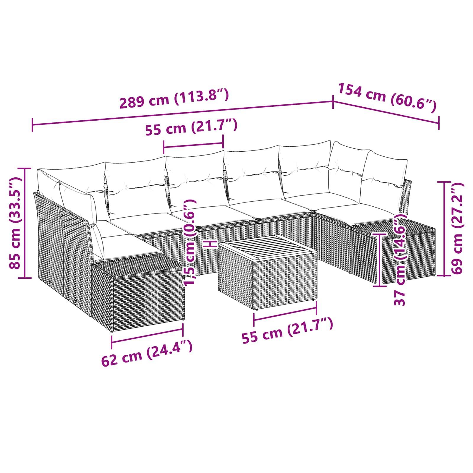 Kommentiertes Diagramm eines L-förmigen Rattangarnituren-Sitzes für die Terrasse mit Ottomane, das die Gesamtabmessungen zeigt: 289 cm breit, 154 cm tief, 85 cm hoch und ein quadratischer Tisch mit 55 cm Seitenlänge.