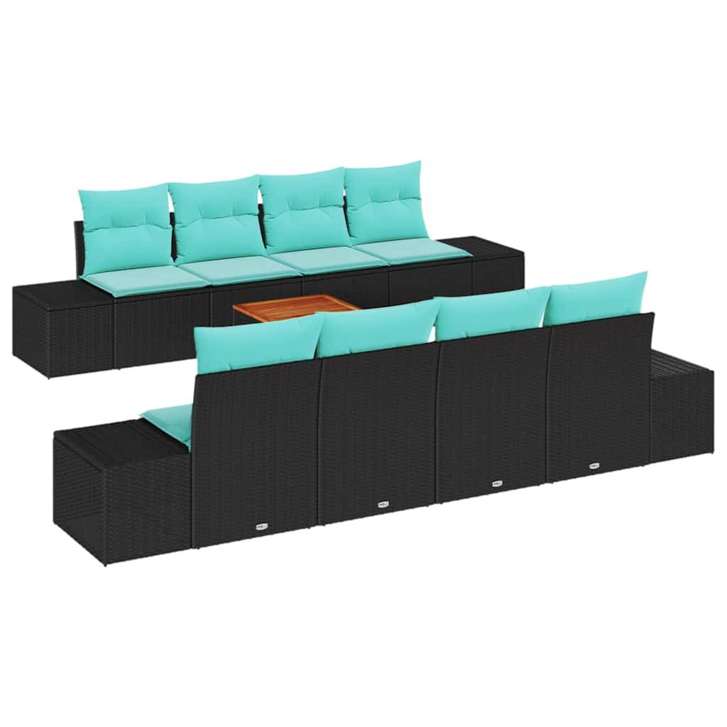 Zwei schwarze Polyrattan-Gartensofas mit türkisen Kissen, eine Frontansicht und eine Rückansicht, zeigen modulare Terrassensitzgruppen mit einem Holzcouchtisch.
