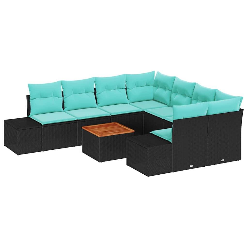 Schwarzes modulares Outdoor-Sofa mit Sektionen in Aqua-Kissen und einem kleinen Couchtisch mit Holzplatte auf weißem Hintergrund.