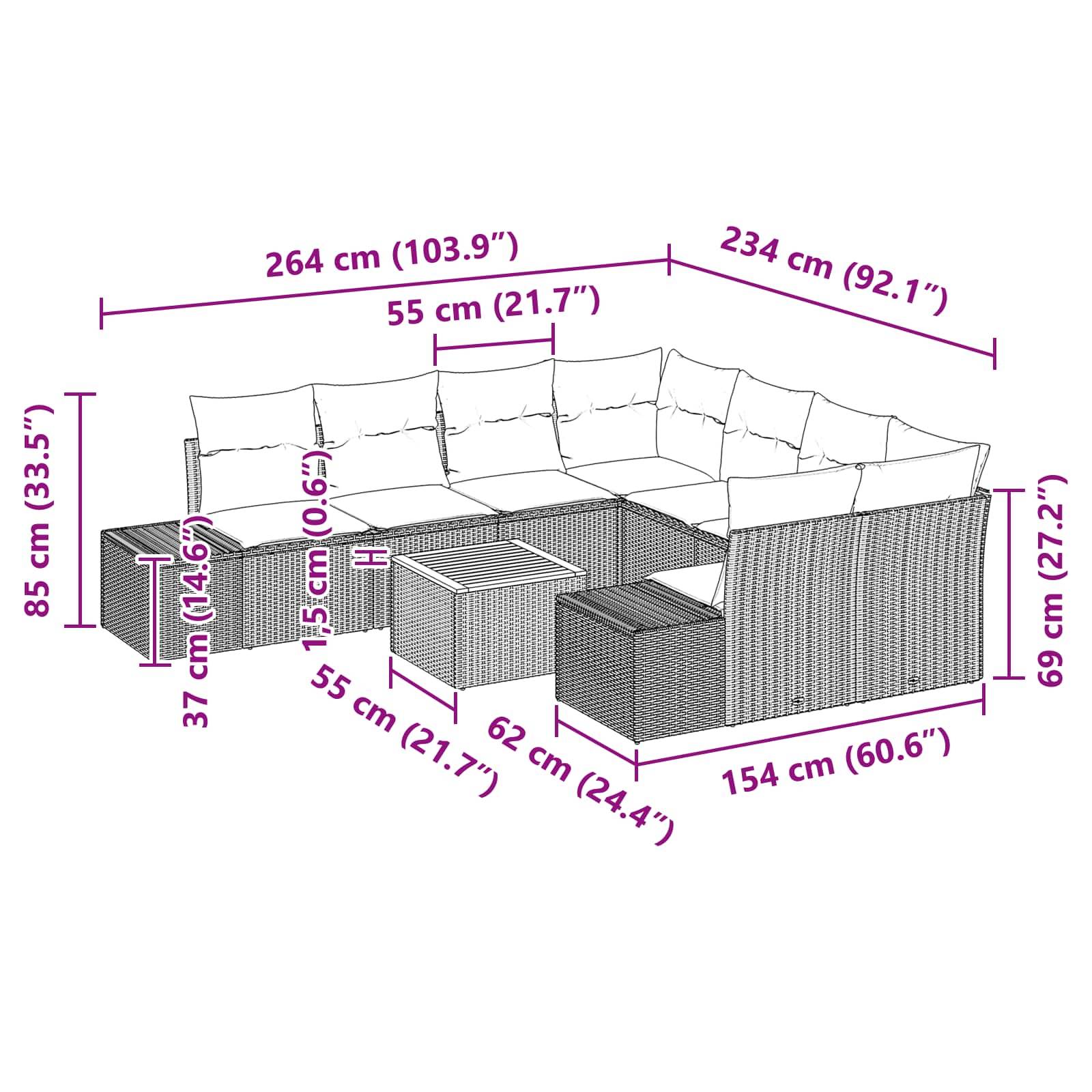Diagramm eines Outdoor-Ecksofa mit beschrifteten Abmessungen in cm und Zoll: 264 cm breit, 234 cm tief, 85 cm hoch, mit Angaben für Sitz- und Tischmaße.