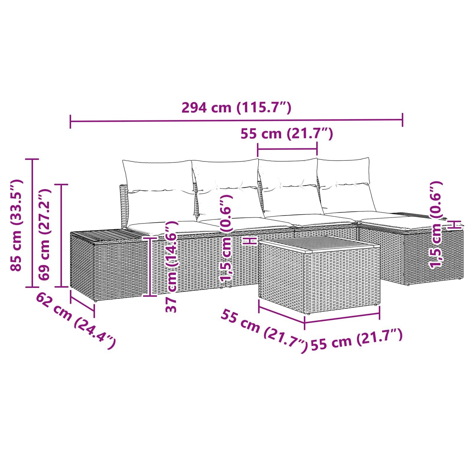 Maßstabgerechte Zeichnung eines modularen Korbmöbel-Sofasets mit Eck- und Mittelelementen, das die Gesamtbreite von 294 cm, Sitzhöhe von 37 cm, Armlehnenhöhe von 69 cm und Tischgröße von 55 x 55 cm zeigt.