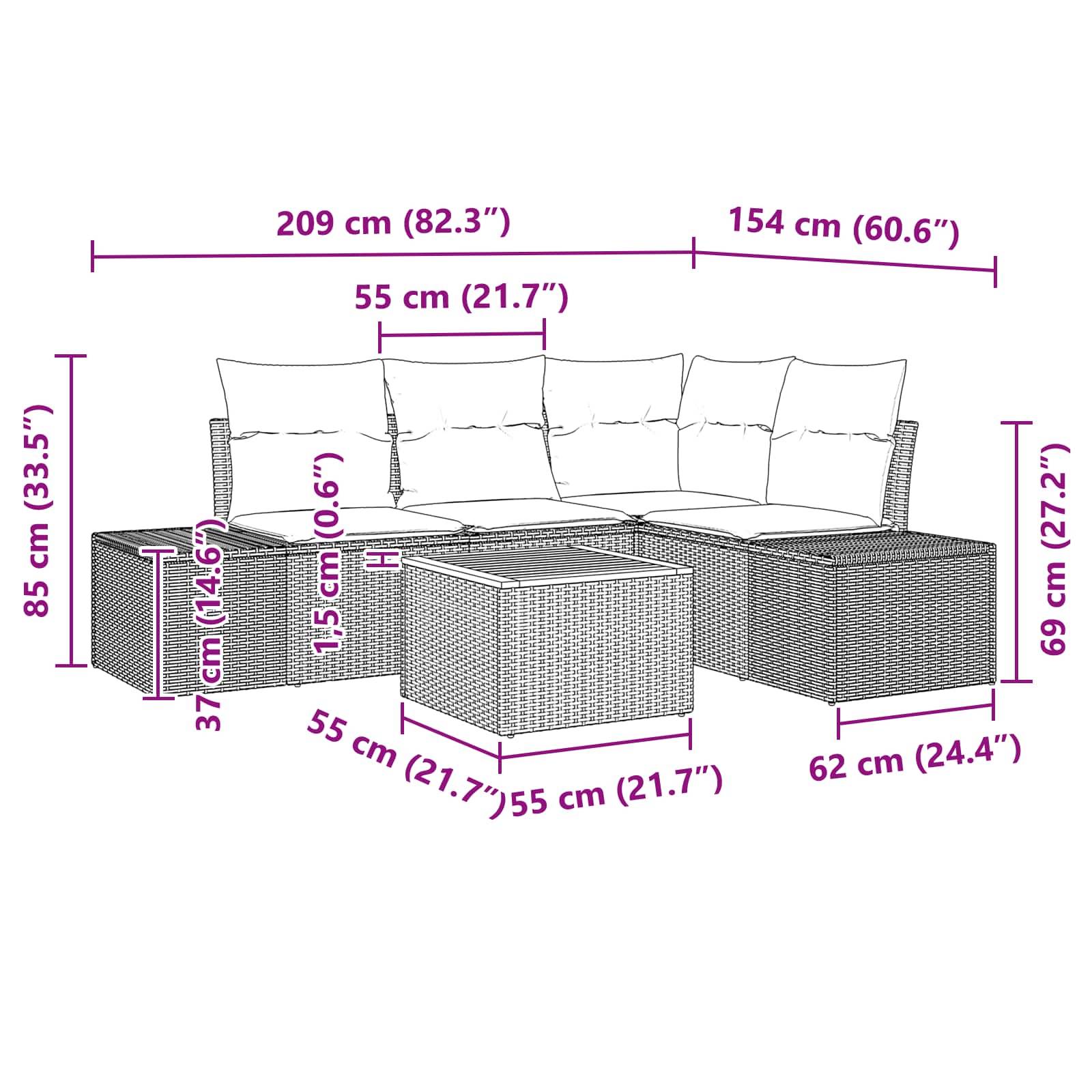 Annotiertes Diagramm einer modularen Außensofa-Garnitur mit Gesamtabmessungen und Komponentengrößen in Zentimetern und Zoll.