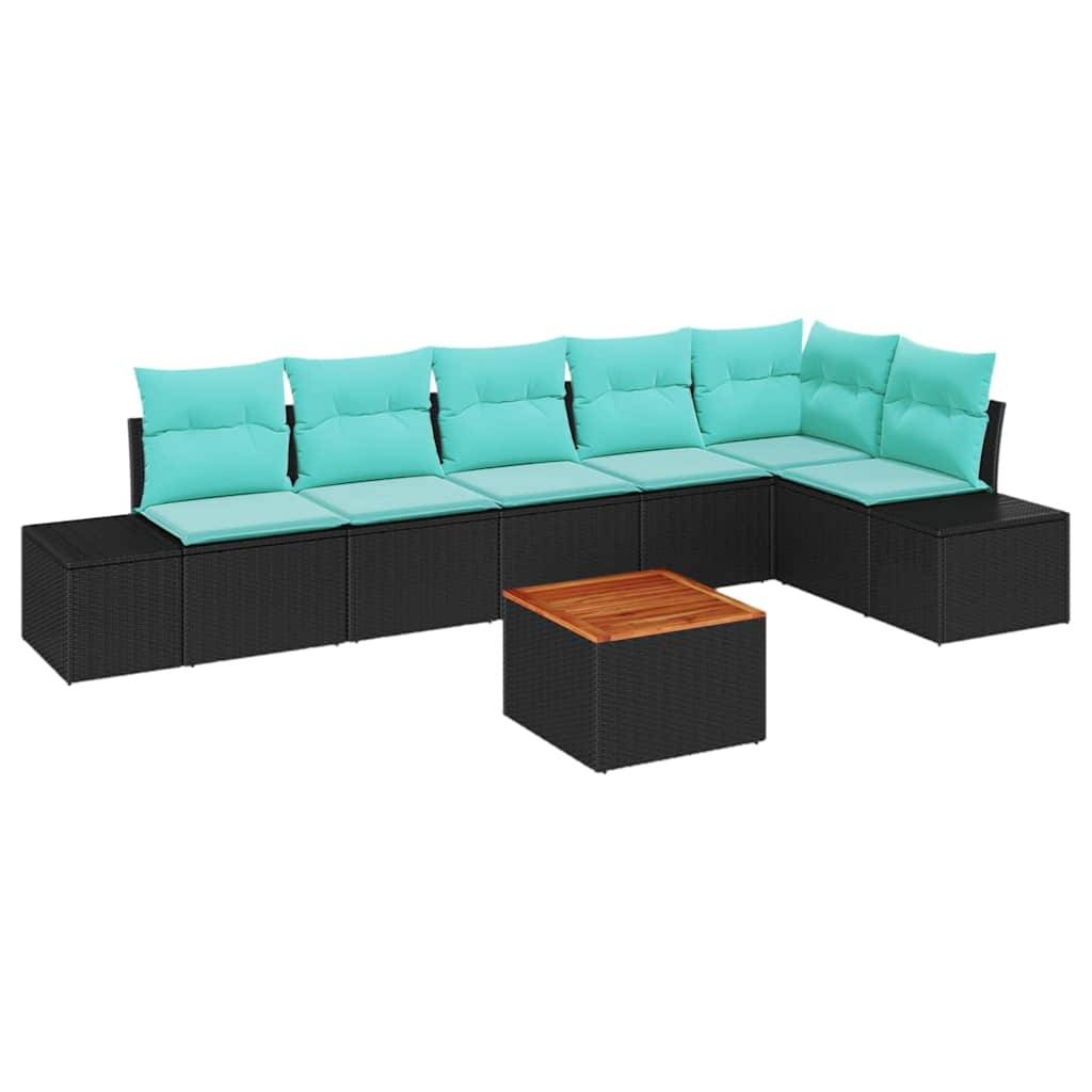 Schwarzes modulares Korbgeflecht-Außen-Sofa mit türkisfarbenen Kissen und einem kleinen quadratischen Couchtisch mit Holzplatte auf weißem Hintergrund.