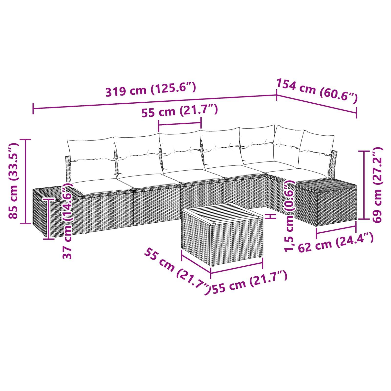Maßstabzeichnung eines Outdoor-Ecksofa-Sets mit Ottomane und Beistelltischen, mit Gesamt- und Einzelmaßen in Zentimetern und Zoll.