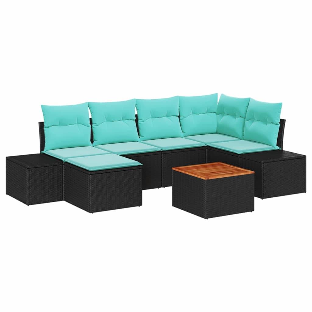 Schwarzes Rattan-Außensofa mit türkisen Kissen und einem passenden Couchtisch mit Holzplatte.