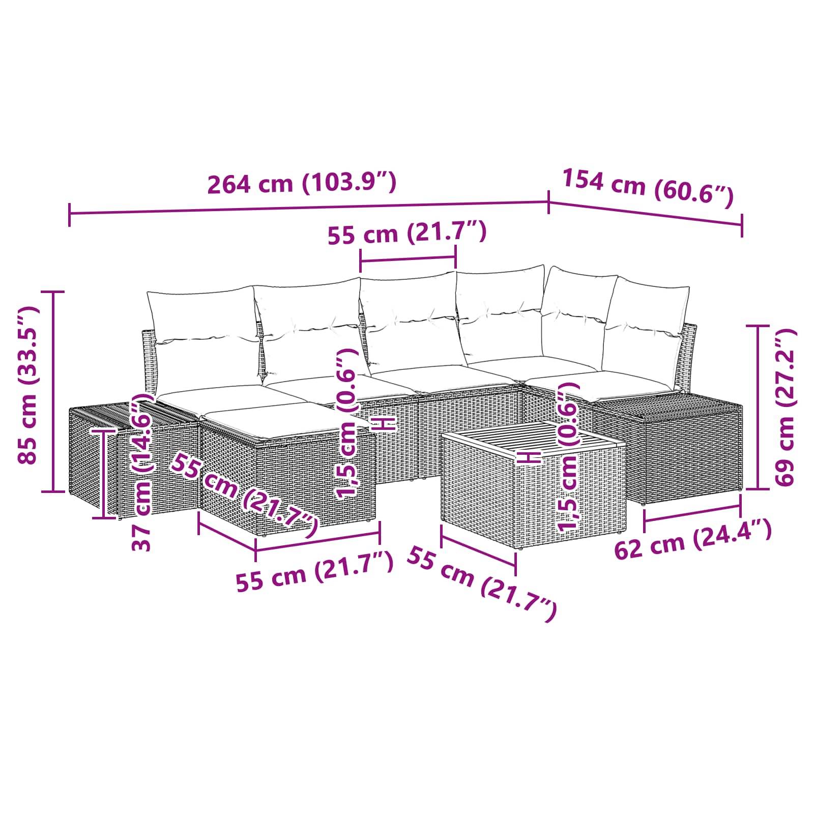 Polyrattan-Ecksofa mit Ottomane und Couchtisch, mit Abmessungen: 264 cm Gesamtbreite, 154 cm Seitensektion, 85 cm Höhe, 69 cm Sitzhöhe und 55 cm/62 cm Modulabmessungen.