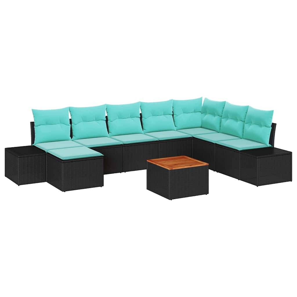 L-förmiges Outdoor-Ecksofa mit türkisfarbenen Kissen und schwarzem Flechtrahmen, plus kleiner passender quadratischer Couchtisch mit Holzplatte.