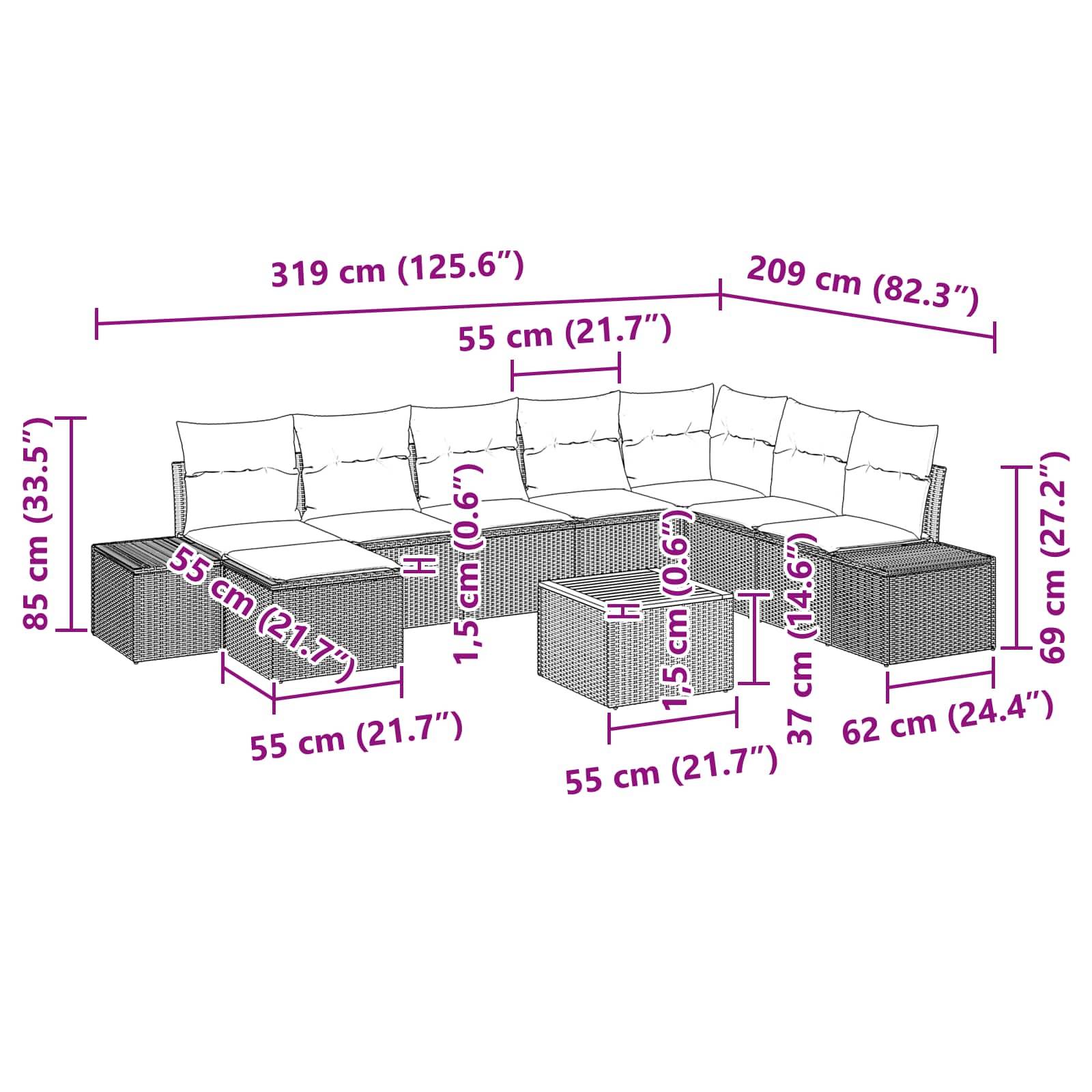 Diagramm eines L-förmigen Ecksofas mit Ottomane, das Gesamtabmessungen von 319 cm x 209 cm sowie Sitz-, Rücken- und Armlehnenhöhen und -tiefen zeigt.