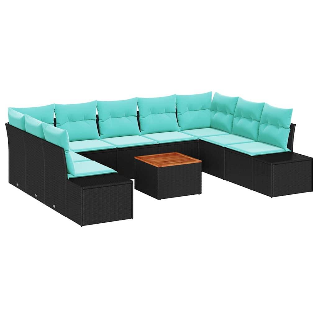 Modulares schwarzes Outdoor-Ecksofa mit türkisfarbenen Kissen in U-Form um einen kleinen Couchtisch mit Holzplatte angeordnet.