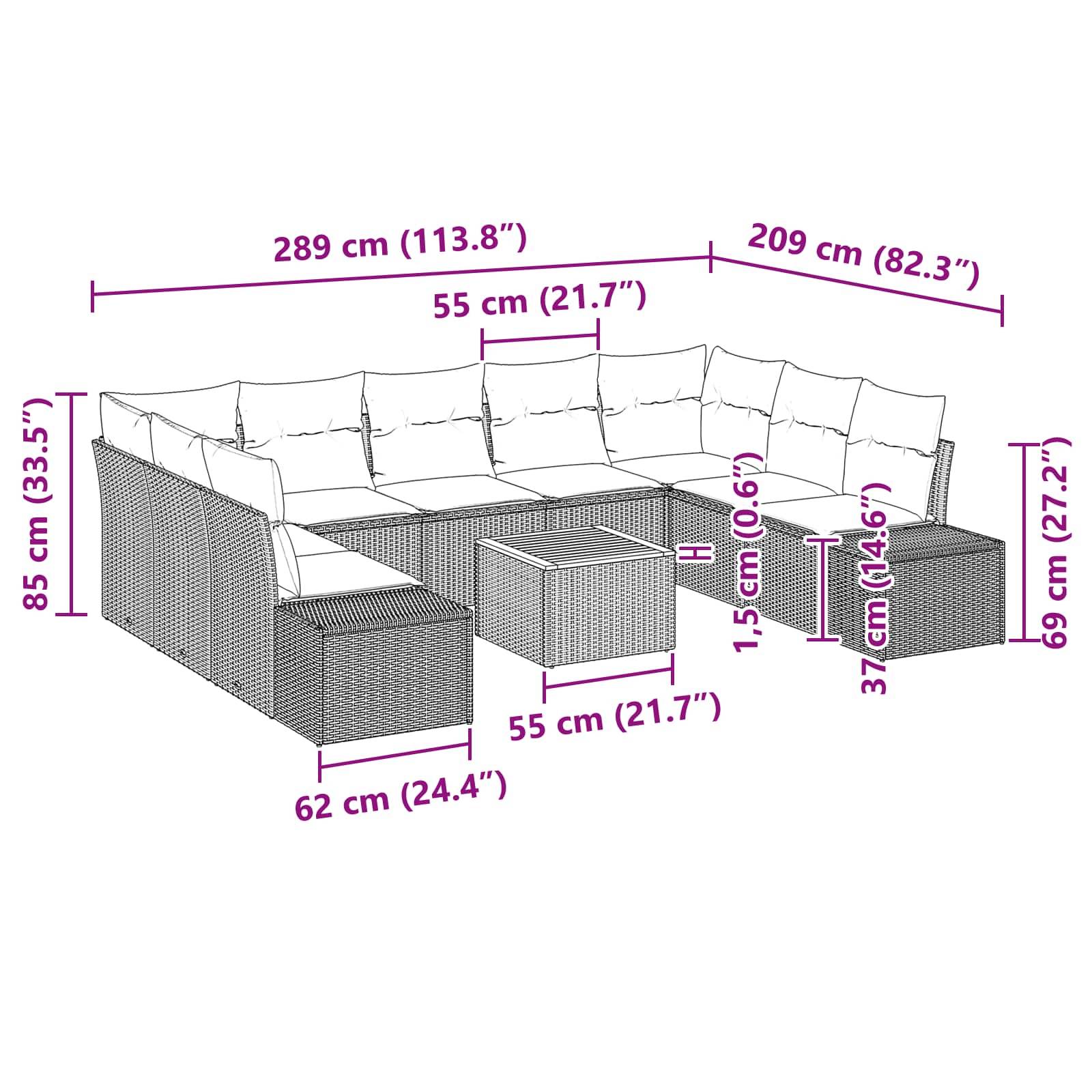 Diagramm eines Outdoor-Ecksofa-Sets mit Ottomans, Gesamtabmessungen: 289 cm x 209 cm, Sitzhöhe 37 cm, Rückenhöhe 85 cm.
