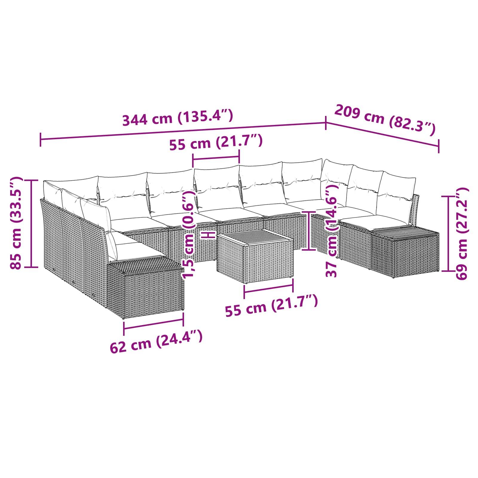 Kommentierte Abmessungen eines modularen Outdoor-Sofasets mit Eckeinheiten, Tisch und Hocker; Gesamtgröße 344 cm × 209 cm, Sitzhöhe 37 cm.