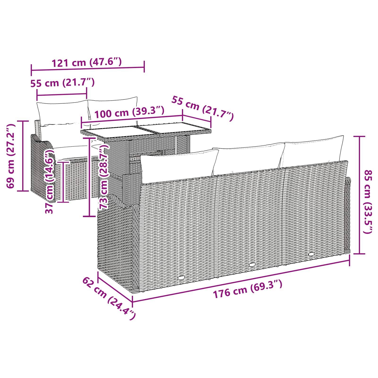 Dimensioniertes Diagramm eines Outdoor-Rattanmöbel-Sets: zwei Sessel mit Tisch und ein dreiätztiges Sofa, beschriftet in Zentimetern und Zoll.