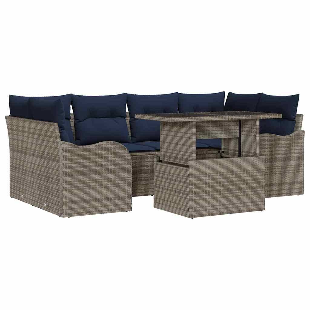 Outdoor-Korb-Ecksofa-Set mit marineblauen Kissen und passendem Tisch, auf weißem Hintergrund dargestellt.