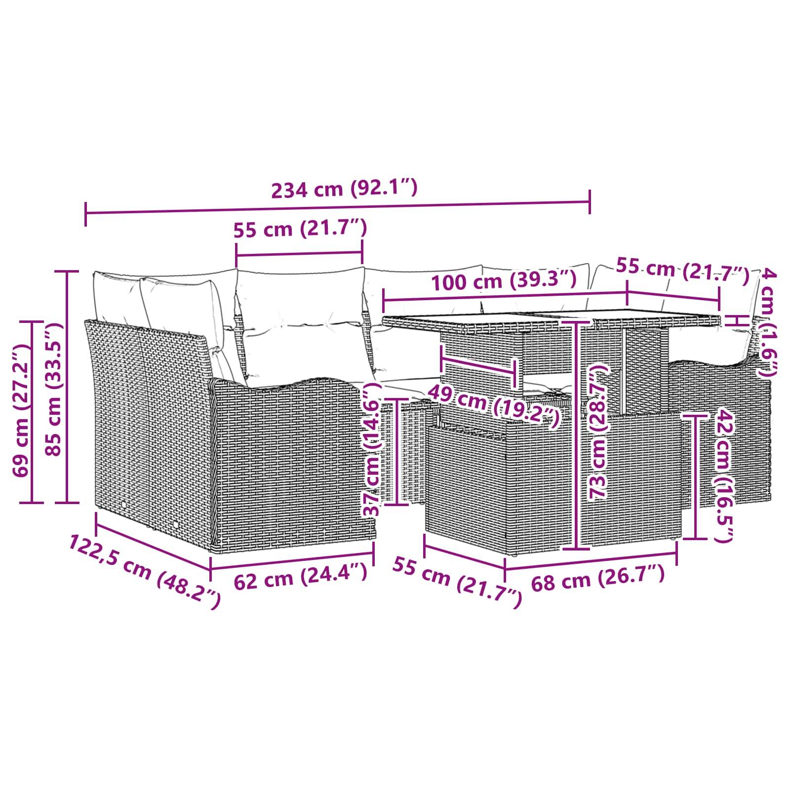 Maßstabzeichnung eines outdoor Polyrattan-Patio-Eckschlafsofa-Sets mit Kissen und Tisch, mit Gesamt- und Teilmaßen in cm und Zoll.