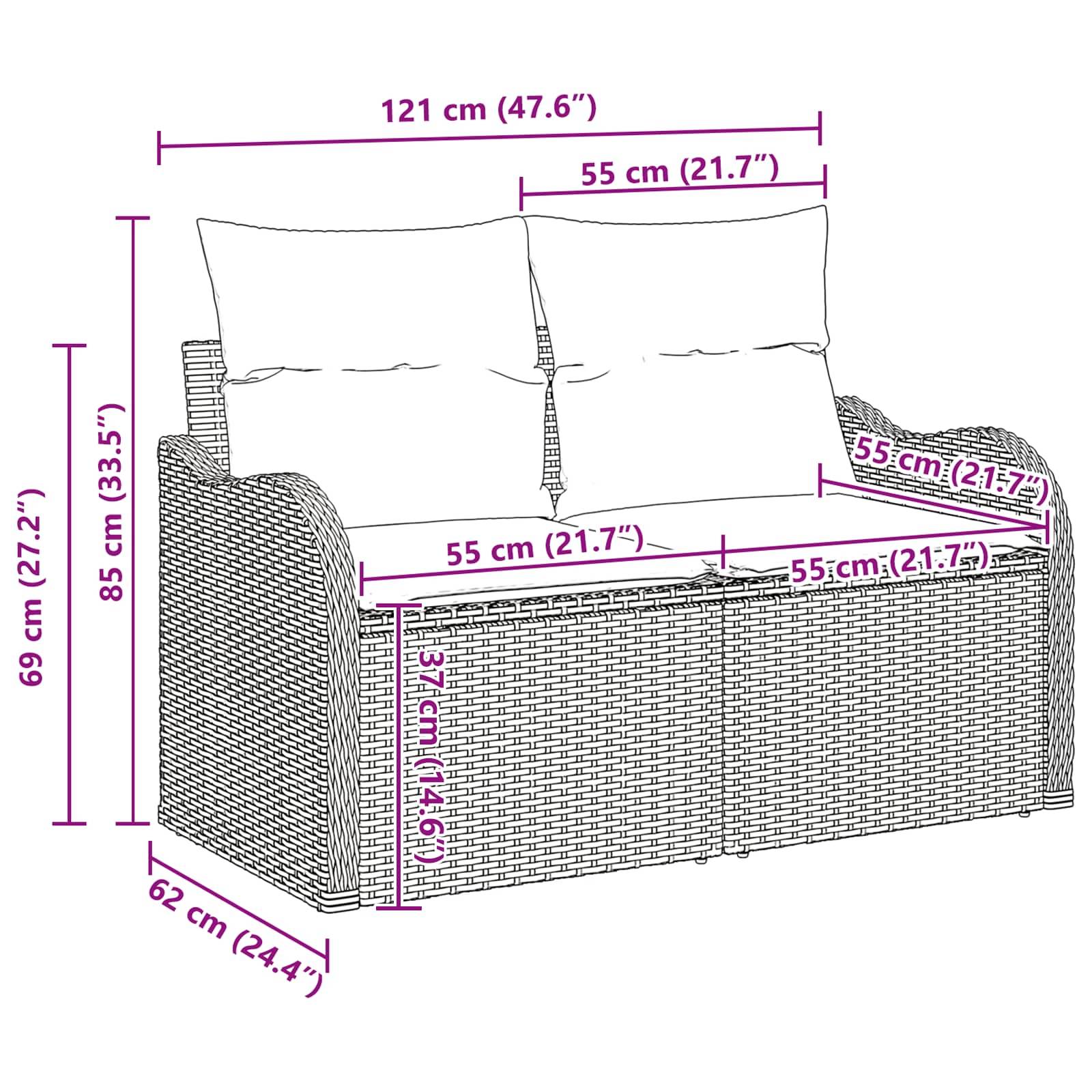 Maßstabzeichnung eines zweisitzigen Korbsofas mit Kissen, zeigt die Gesamtabmessungen 121 cm Breite, 69 cm Tiefe, 85 cm Höhe und Sitzmessungen.