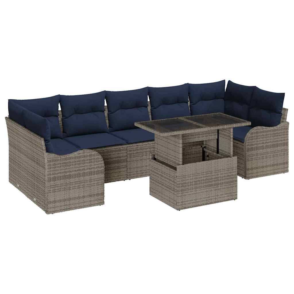 Outdoor-Loungeset mit gewebtem grauem Rahmen, dunkelblauem Kissen und passendem quadratischem Couchtisch.