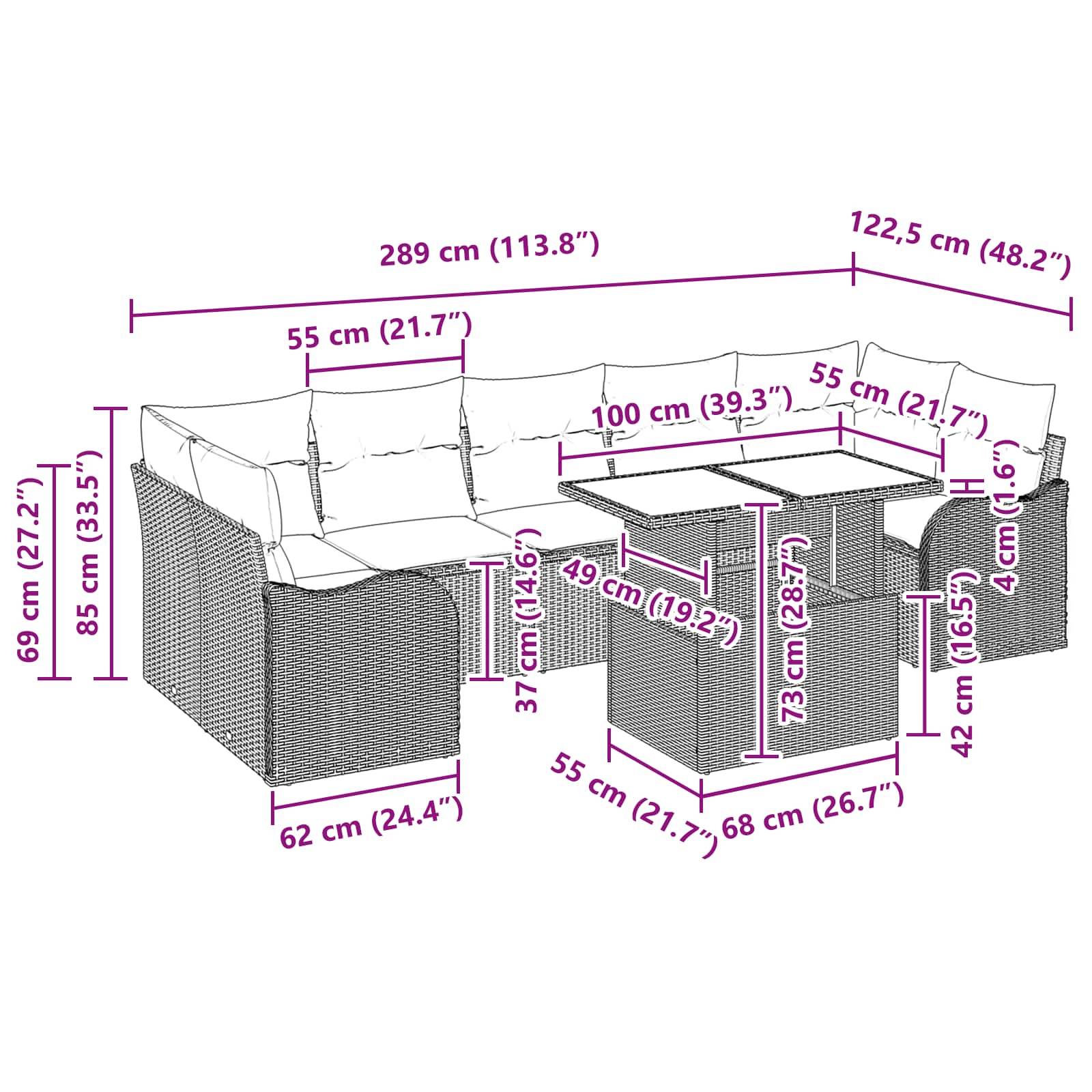 Diagramm eines 3-Sitzer-Gartensofasets mit Tisch, das Gesamtabmessungen und wichtige Maße in cm und Zoll zeigt.