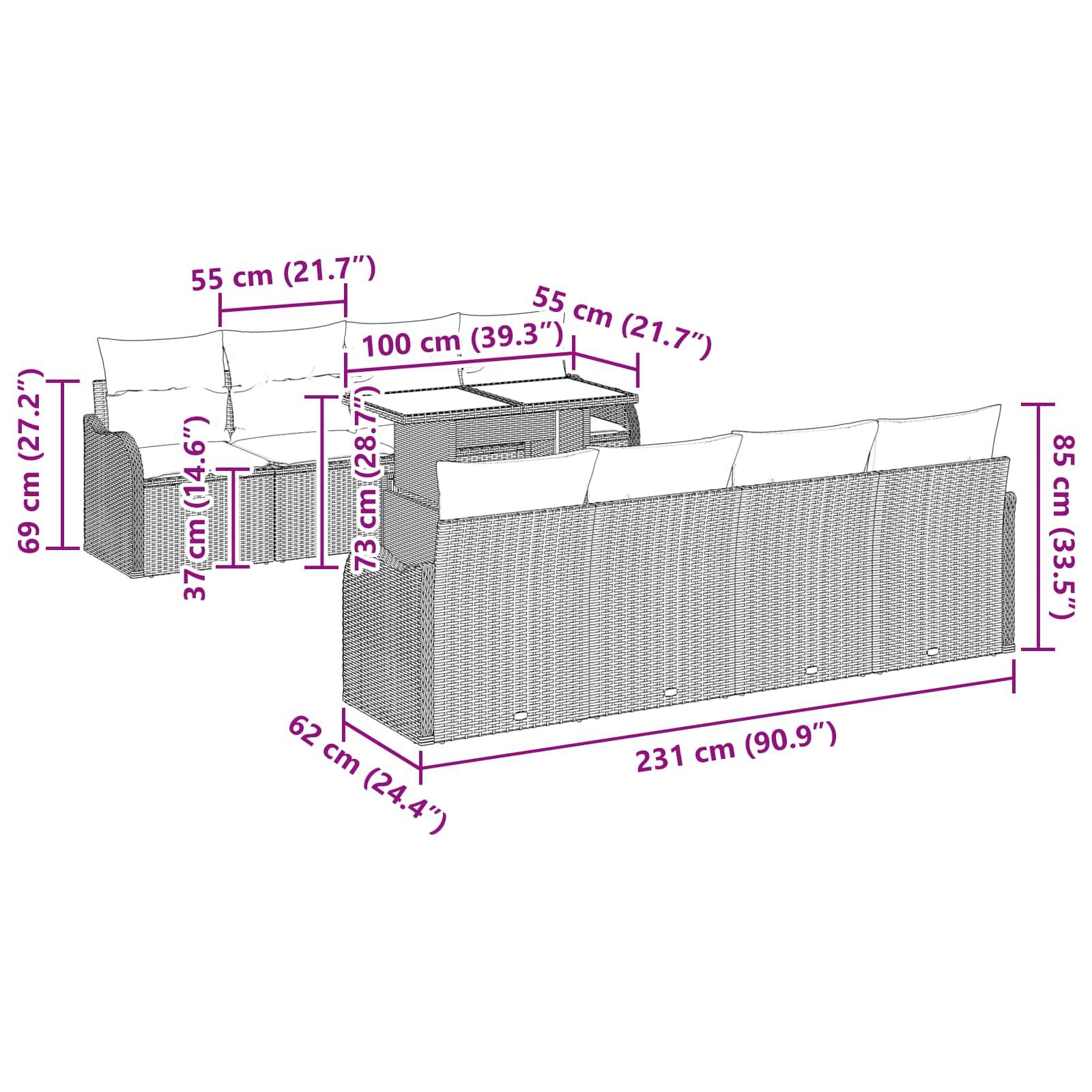Dimensioniertes Korb-Gartenmöbel-Set-Diagramm mit zwei Stühlen, einer Zweisitzer-Liege und einem Drei-Sitzer-Sofa mit Maßangaben in cm und Zoll.