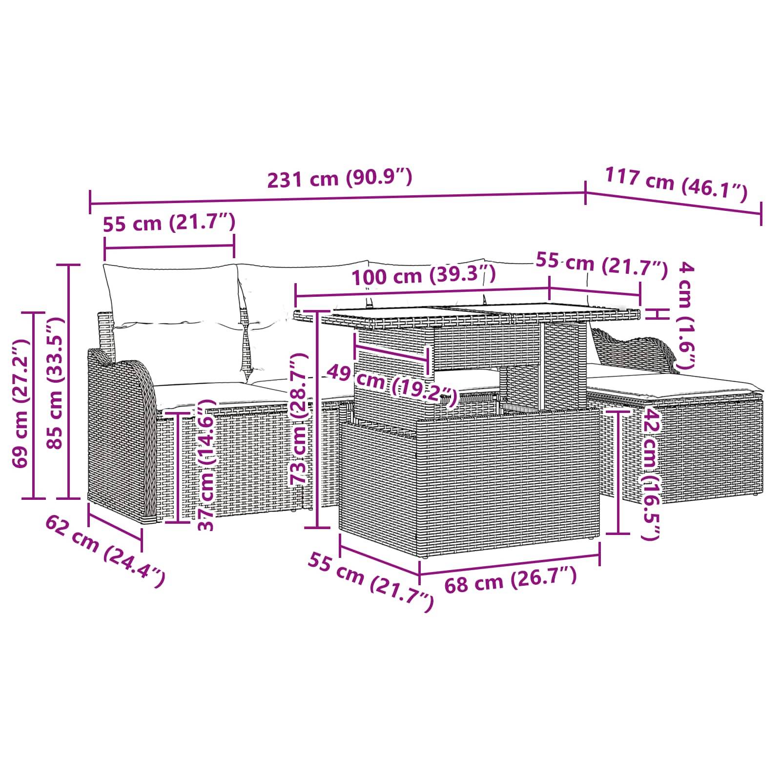Maßstabgerechte Zeichnung eines Korbmöbel-Terrassensofas mit einem Sessel und zwei Ottomanen/Tischen, die die Gesamtgröße und wichtige Maße in cm und Zoll zeigen.