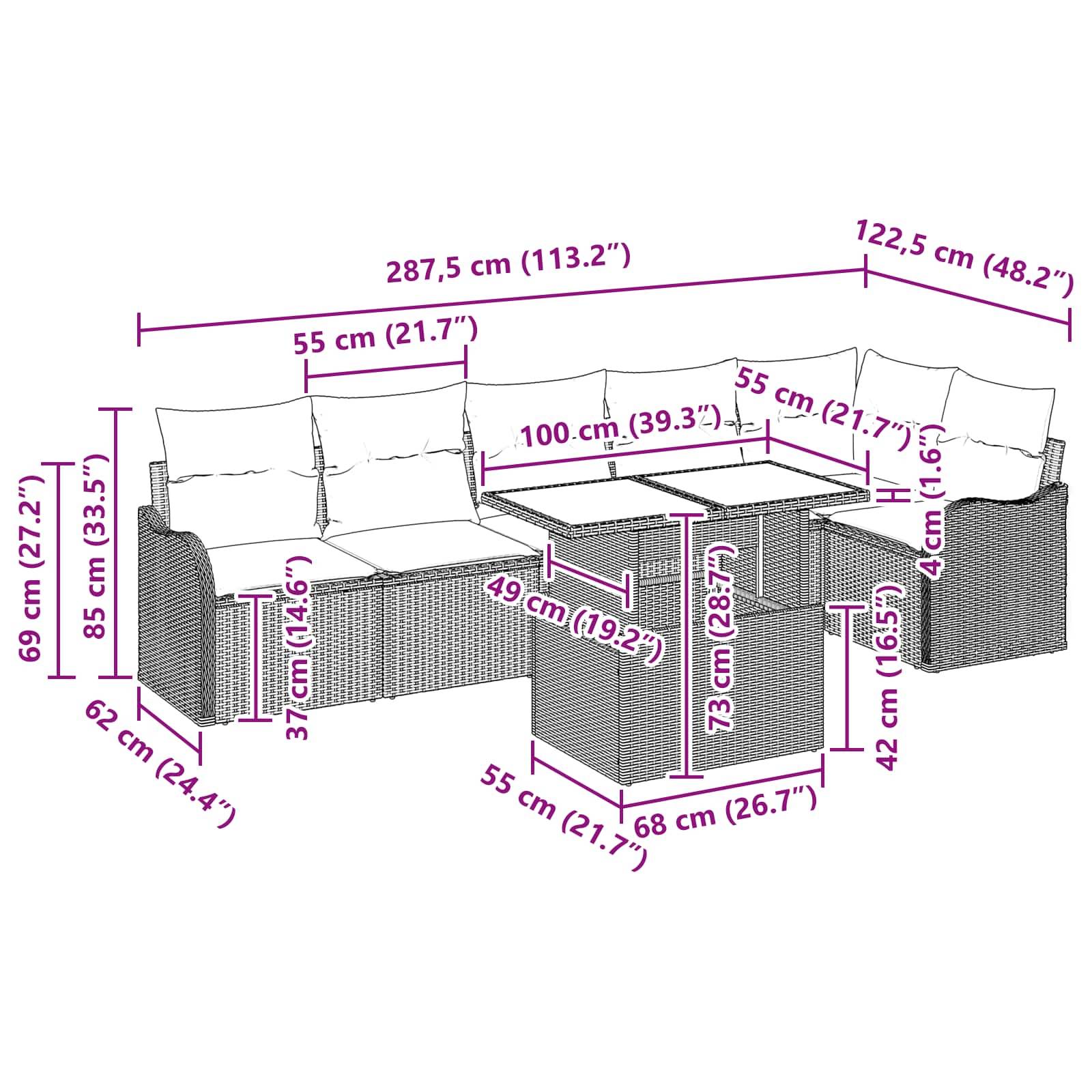 Dimensioniertes Diagramm eines Outdoor-Korbmöbel-Sitzmöbelsatzes mit Ecksitzen, Ottomane und Couchtisch, mit Gesamt- und Teilmessungen in cm und Zoll.