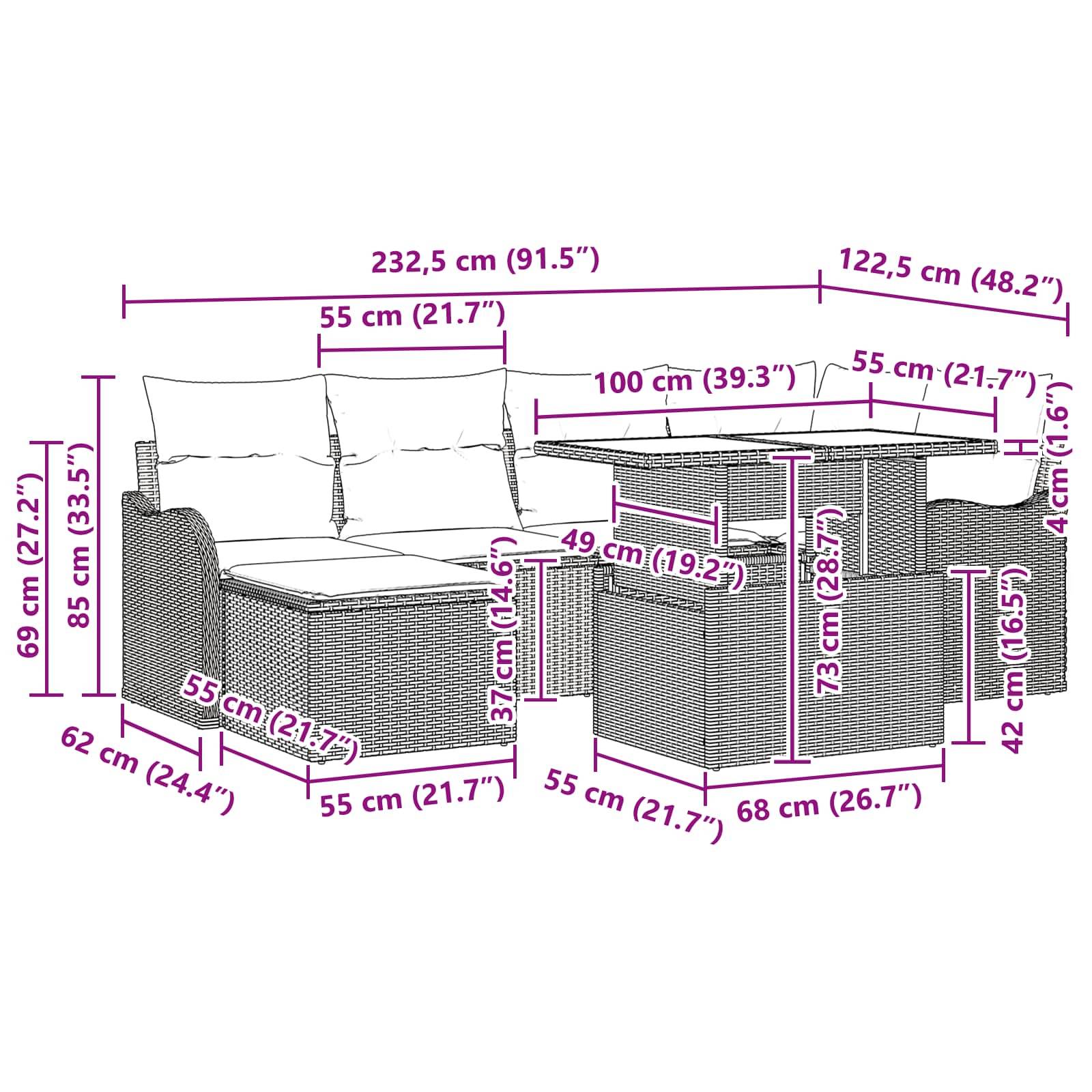 Maßstabgerechtes Diagramm eines outdoor Ecksofa mit Tisch, das die Gesamtgröße von 232,5 cm mal 122,5 cm zeigt und mit beschrifteten Sitz-, Arm- und Tischmessungen versehen ist.