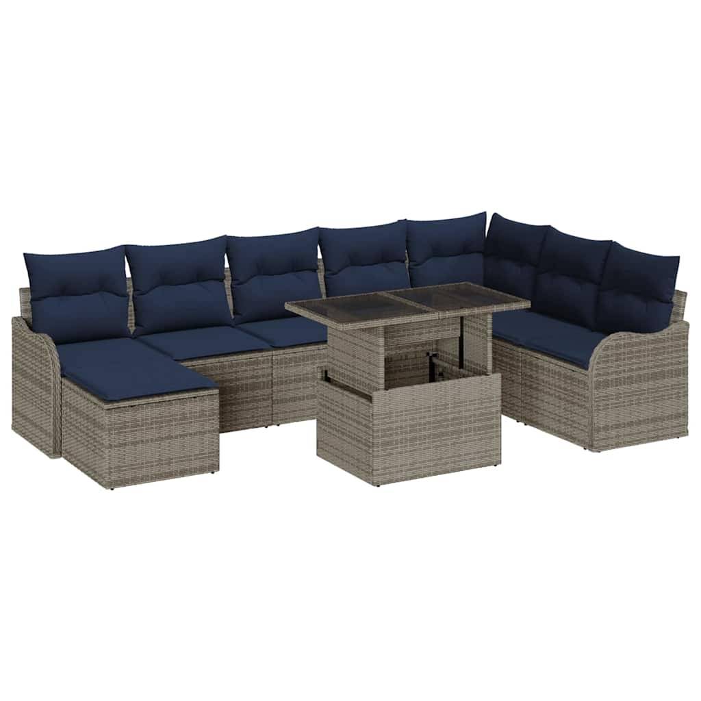 L-förmiges Outdoor-Rattan-Ecksofa mit marineblauen Kissen und passendem quadratischem Couchtisch auf weißem Hintergrund.