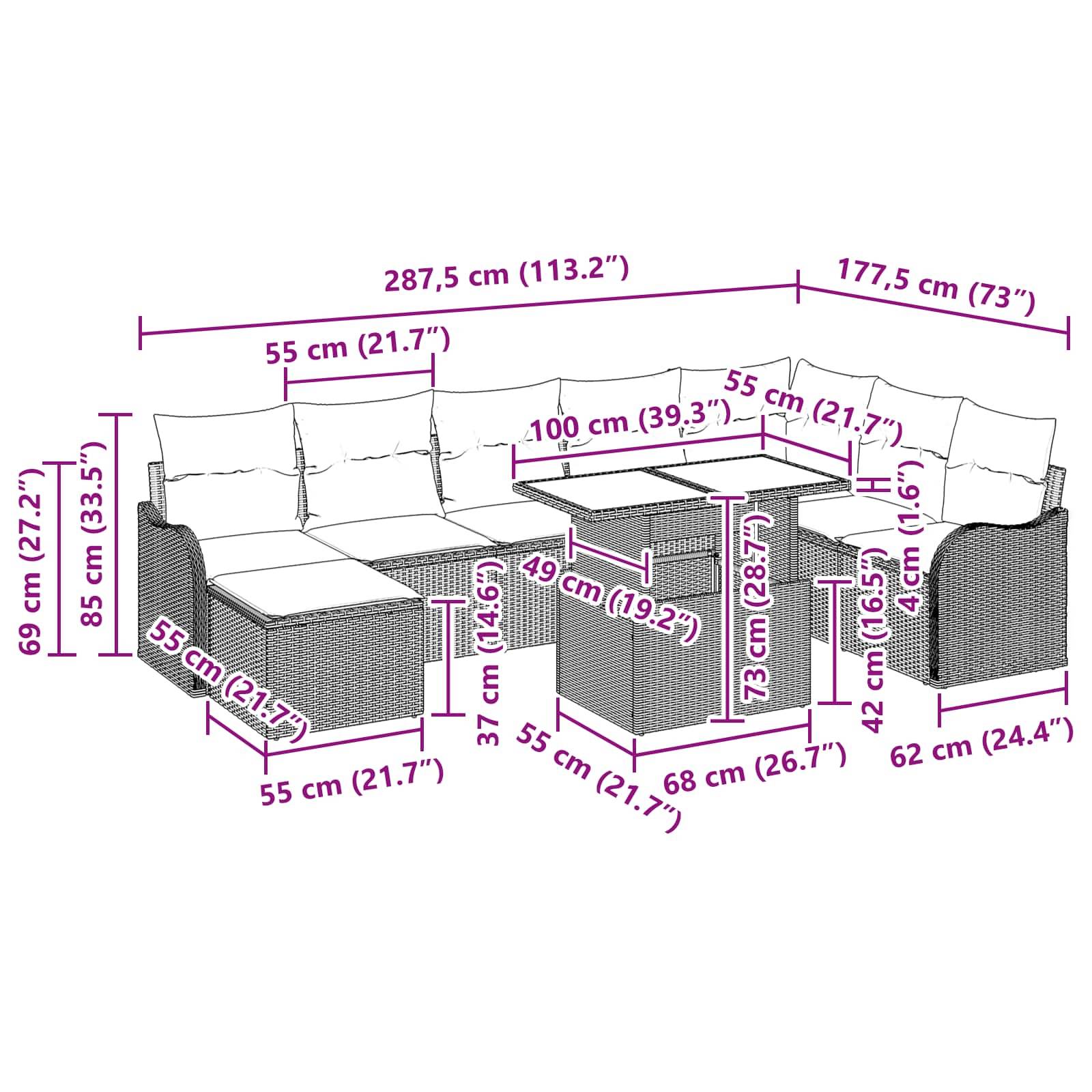 L-förmiges Outdoor-Schnittsofa mit Eckentisch und Ottomane, dargestellt mit Abmessungen in cm und Zoll für jeden Bereich und die Gesamtbreite.